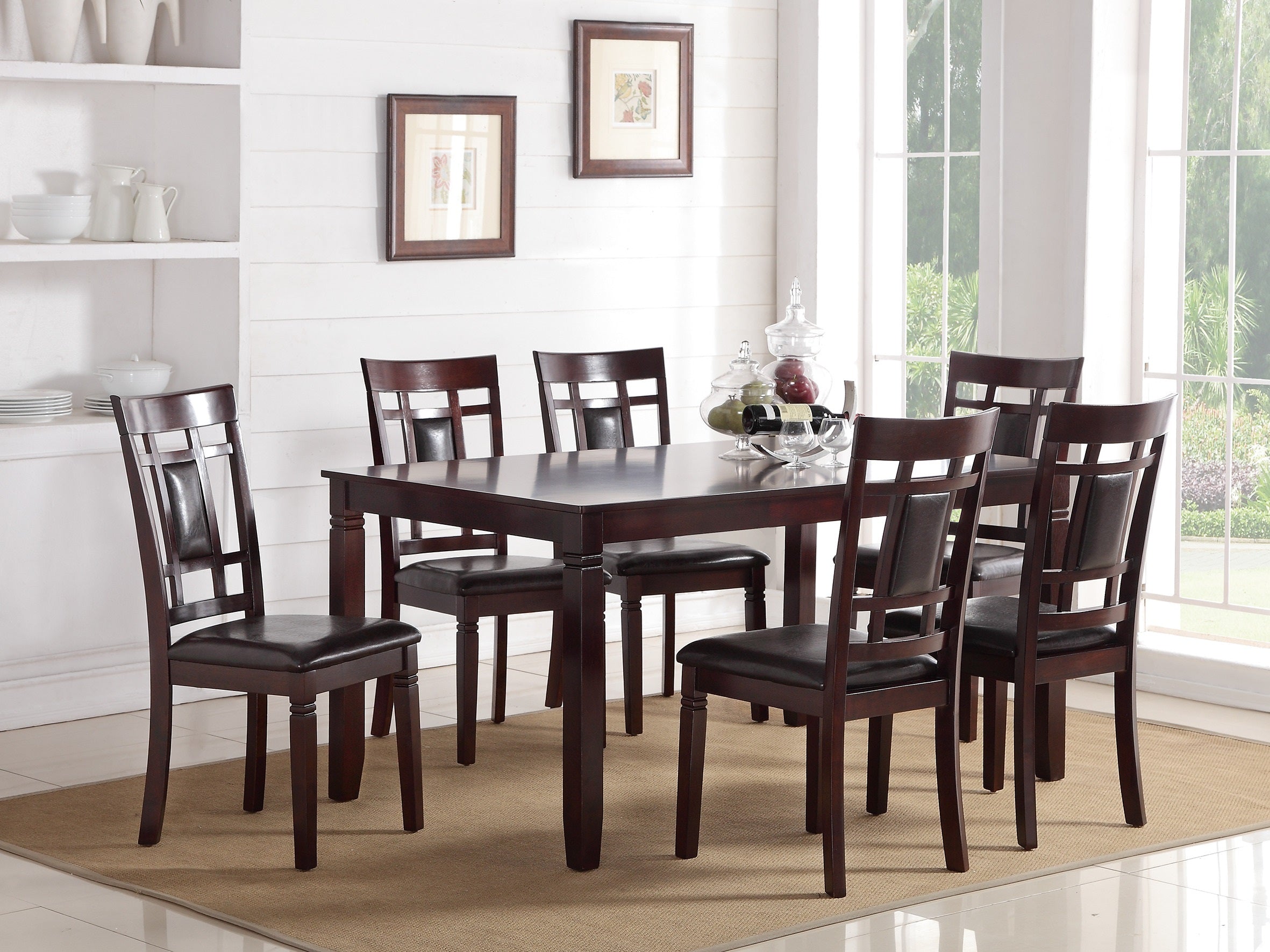 Contemporary 7pc Dining Set Espresso Finish  Eyelet Back 6x Side Chairs Cushion Seats