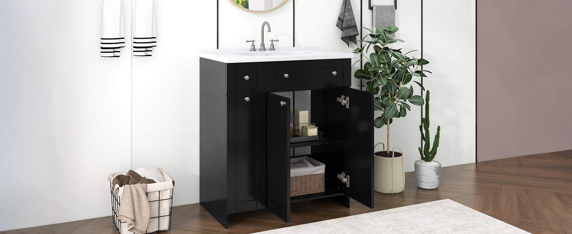 30-Inch Black Bathroom Vanity with Ceramic Sink Combo, Abundant Storage Cabinet - 2 Soft-close Doors and Double-tier Deep Drawer