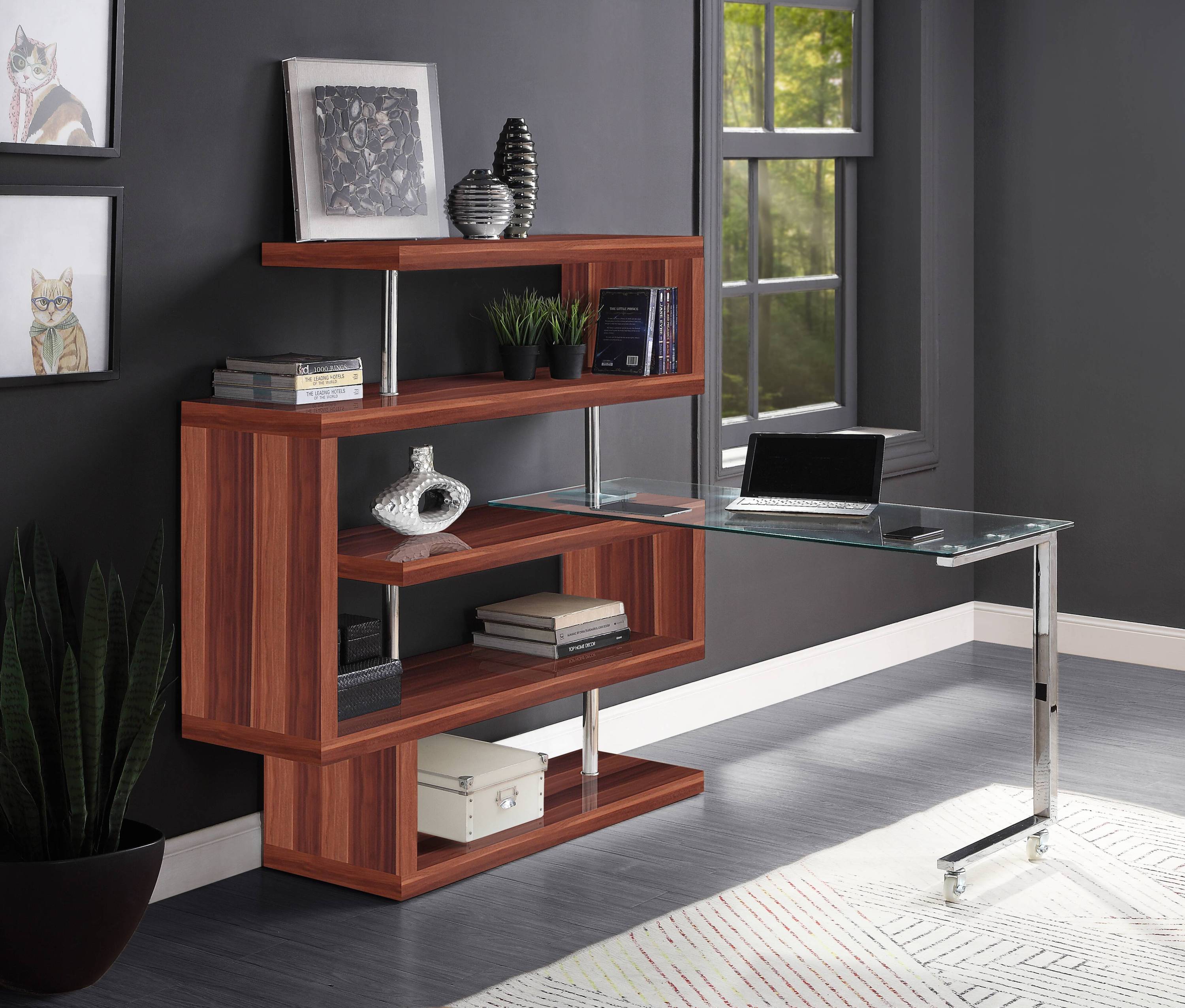 Buck II Clear Glass, Chrome High Gloss Finish Writing Desk with Shelf-Walnut