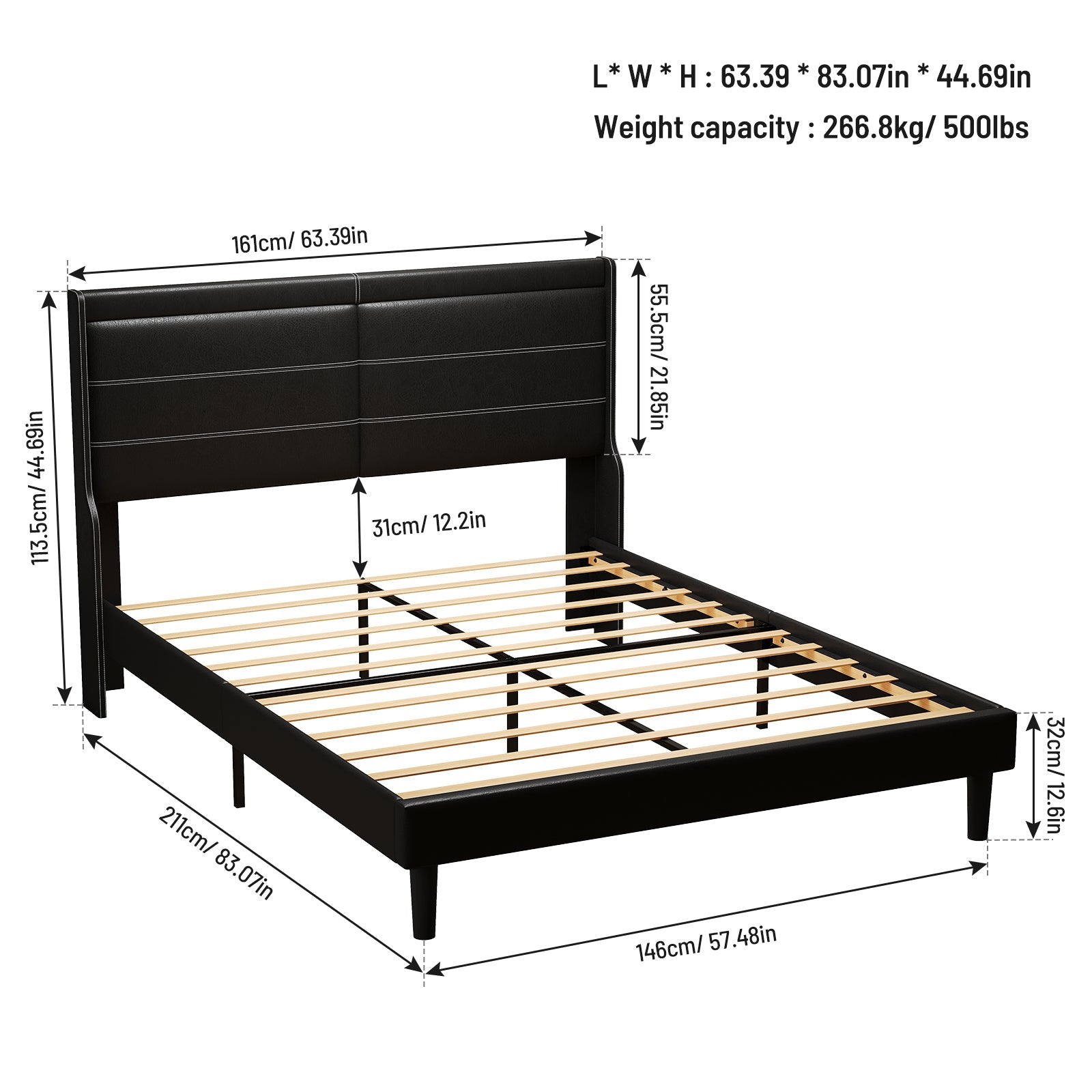 Queen PU Leather Upholstered Bed Frame with Lights-No Box Spring Needed, Black