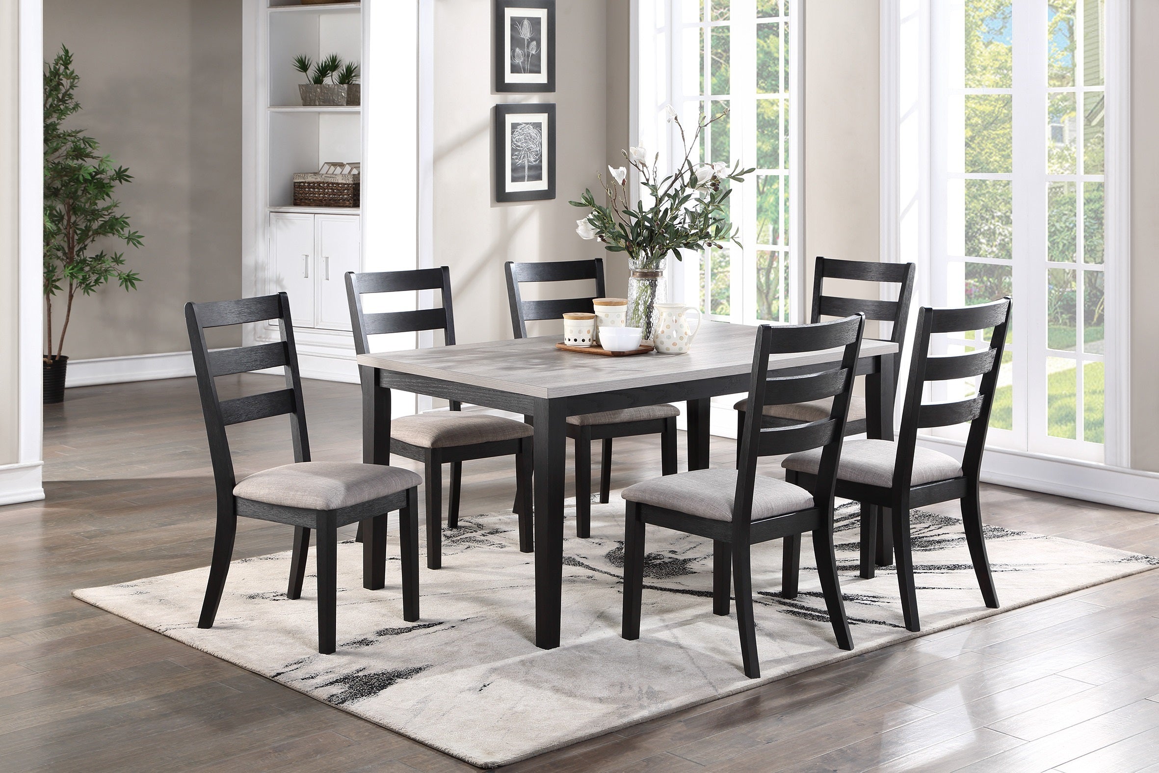 Rustic 7pc Dining Set Dining Room Furniture- Ladder back Side Chairs- light 2-Tone Sand Fabric Seat Cushion