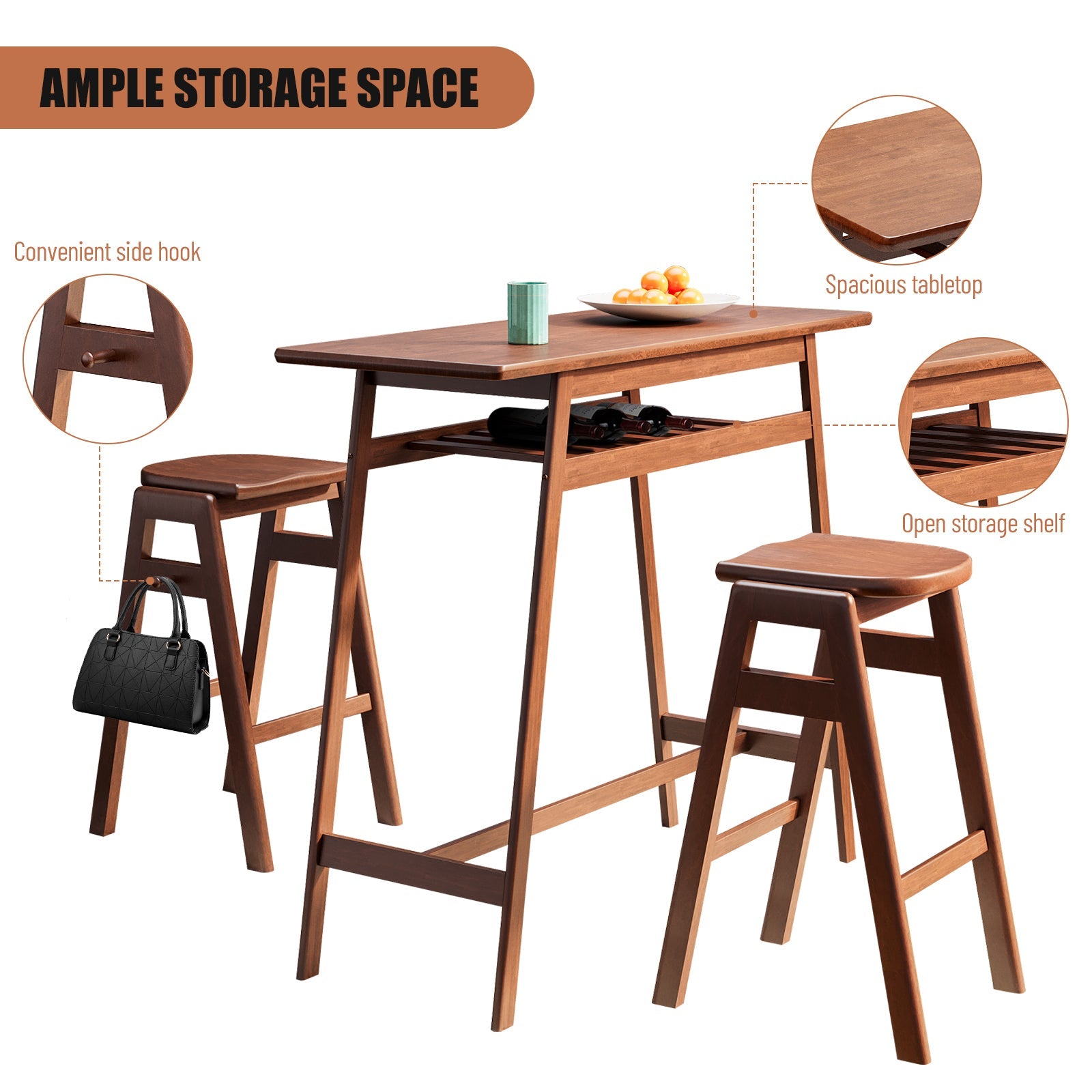 3 PCS Pub Dining Set Retro Bar Table