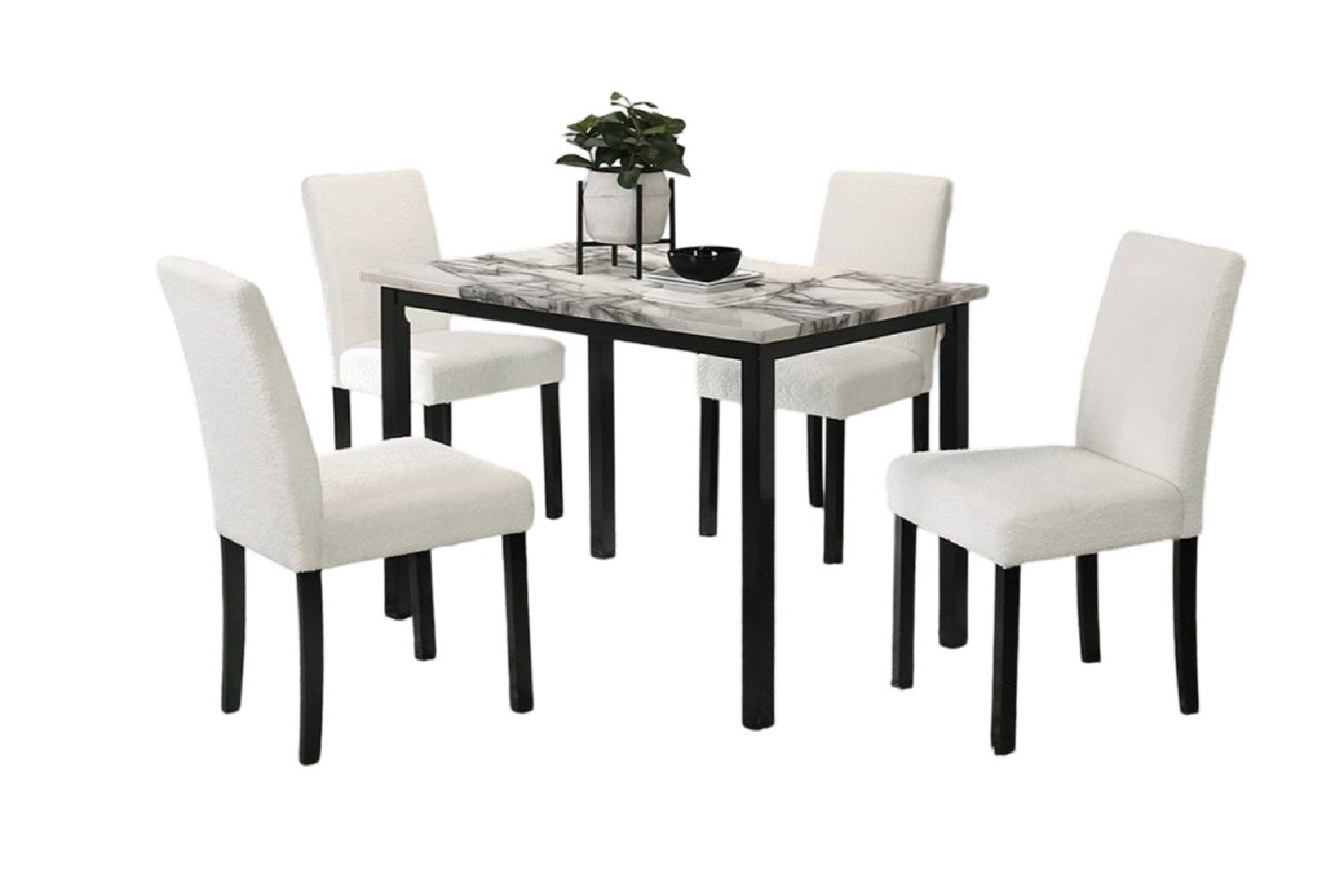 5pc Dining Set -White  Wool Fabric Chairs Faux Marble Top Table -Upholstered 4x Chairs Dining Room