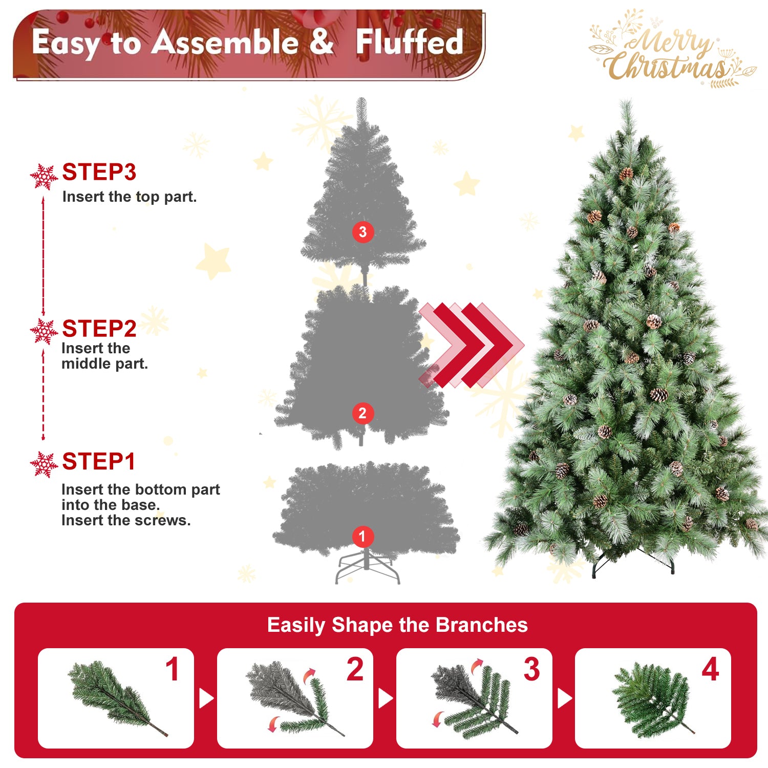 8FT Scotch Pine Christmas Tree, Premium Frosted Pre-Decorated Artificial Holiday Decor w/ 1,858 Branch Tips