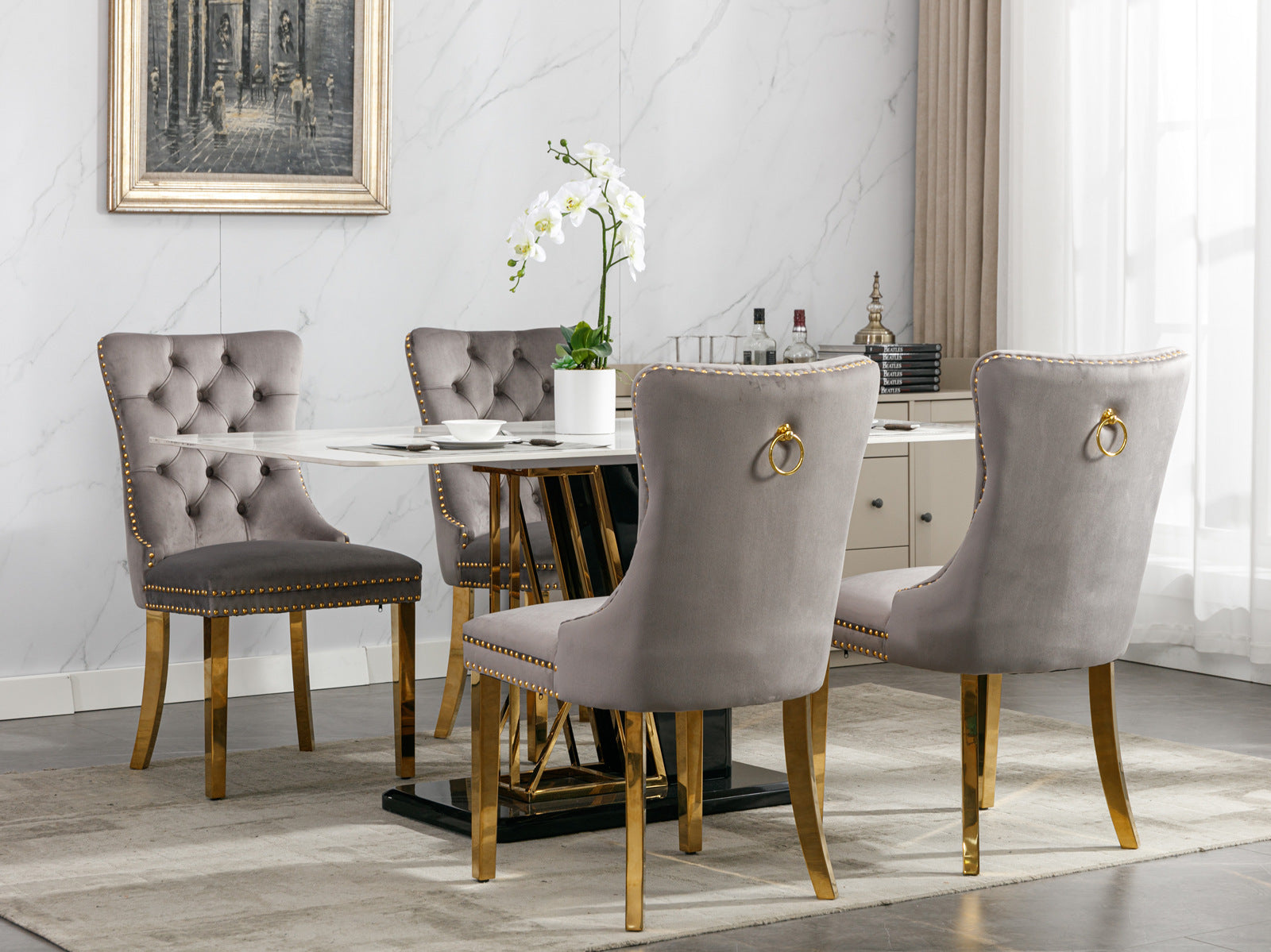 Tufted Solid Wood Contemporary Velvet Upholstered Dining Chair, Set of 2, Gray and Gold
