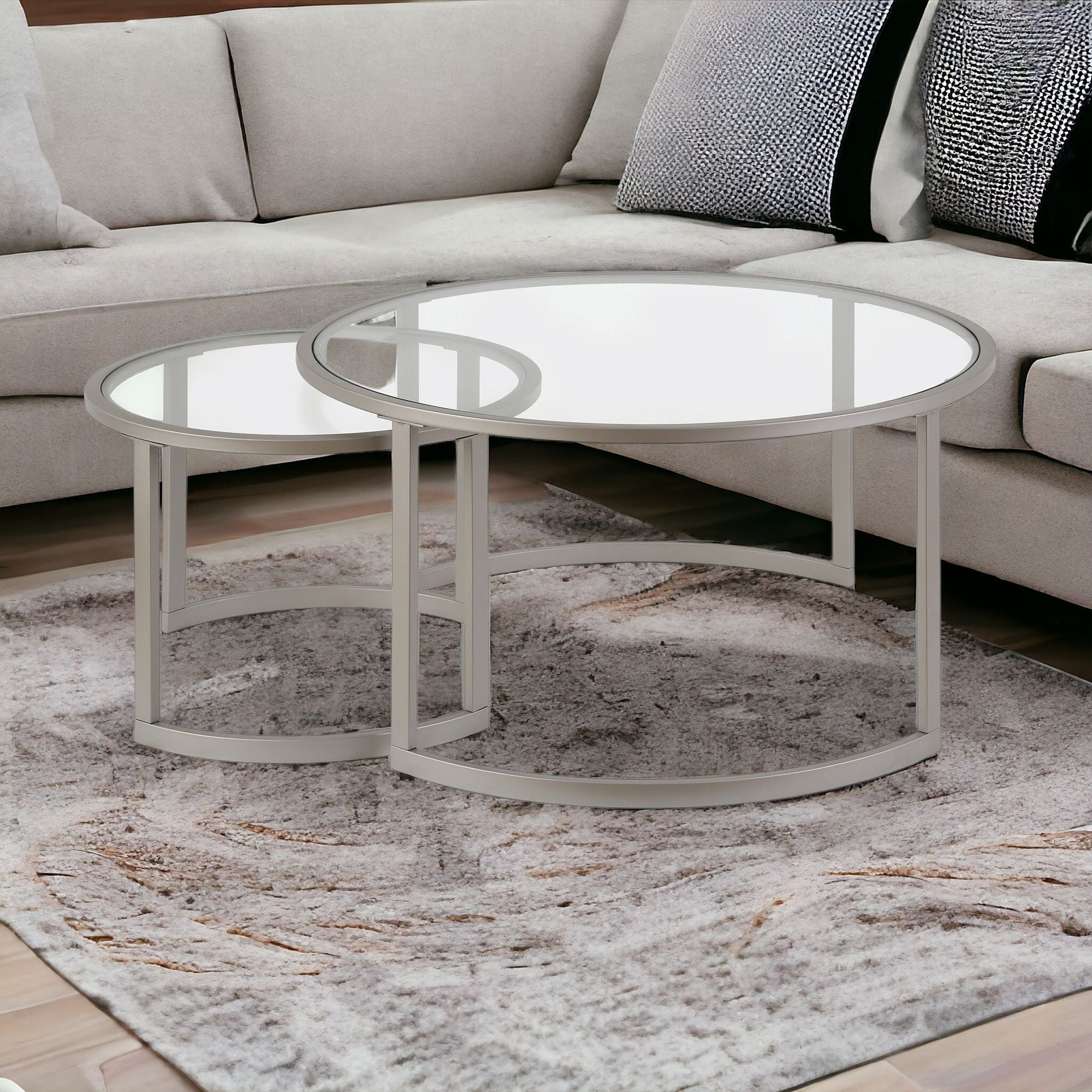 Set of Two Glass And Steel Round Nested Coffee Tables