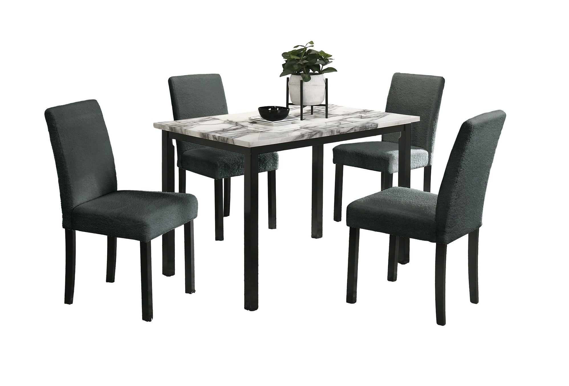 5pc Dining Set-Charcoal Finish Wool Fabric Chairs and  Faux Marble Top Table