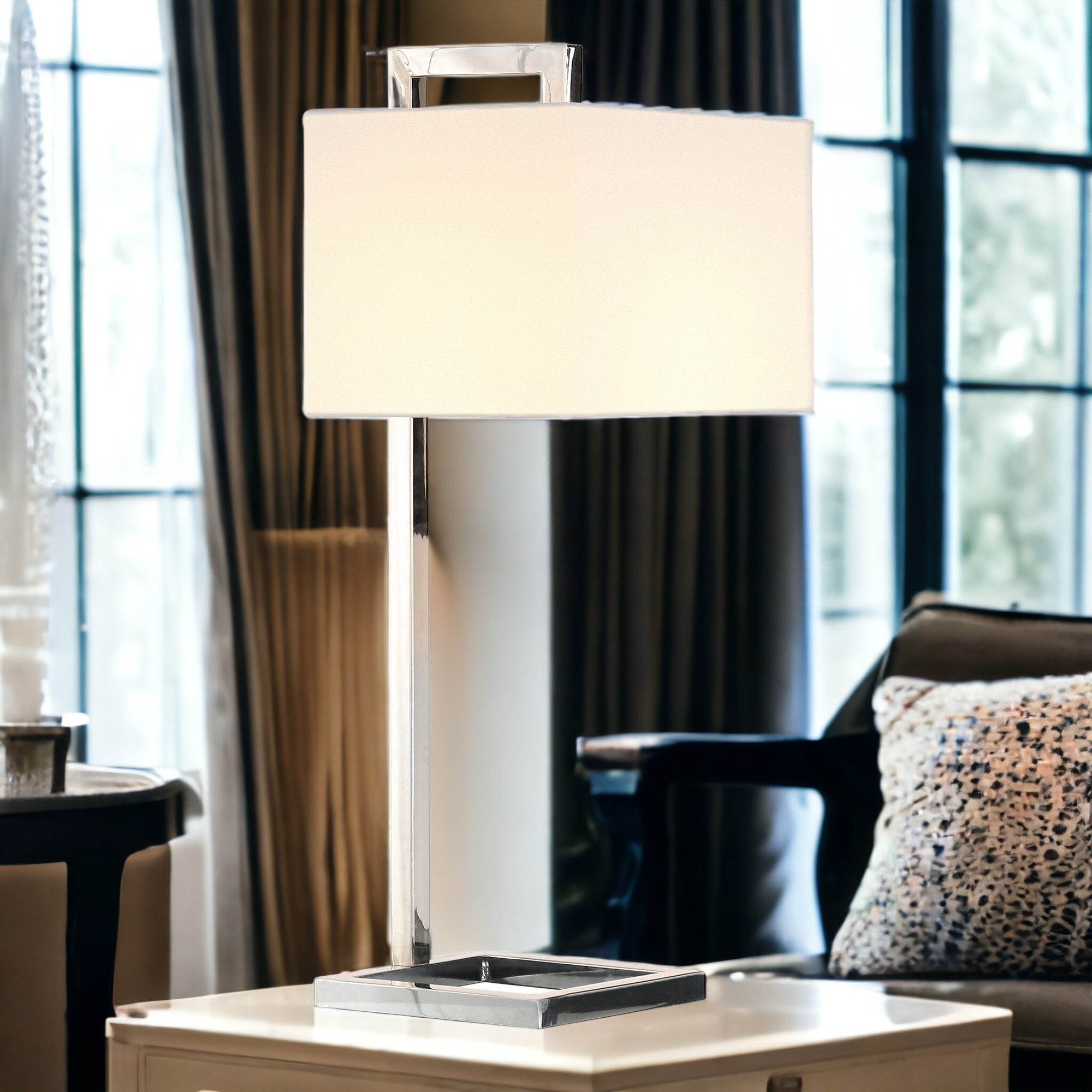Metal Arched Table Lamp With White Square Shade
