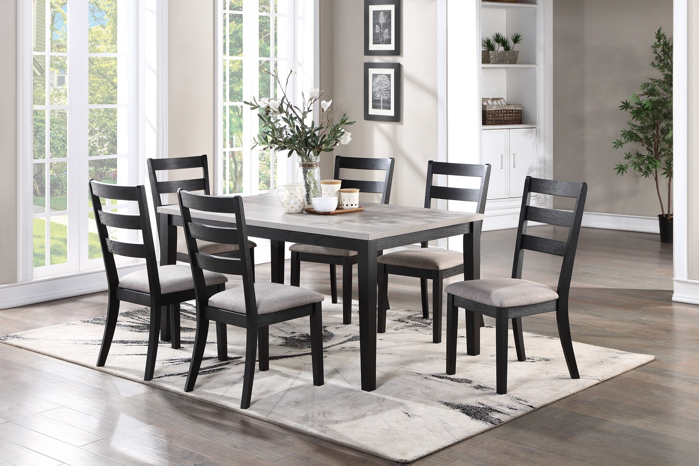 Rustic 7pc Dining Set Dining Room Furniture- Ladder back Side Chairs- light 2-Tone Sand Fabric Seat Cushion