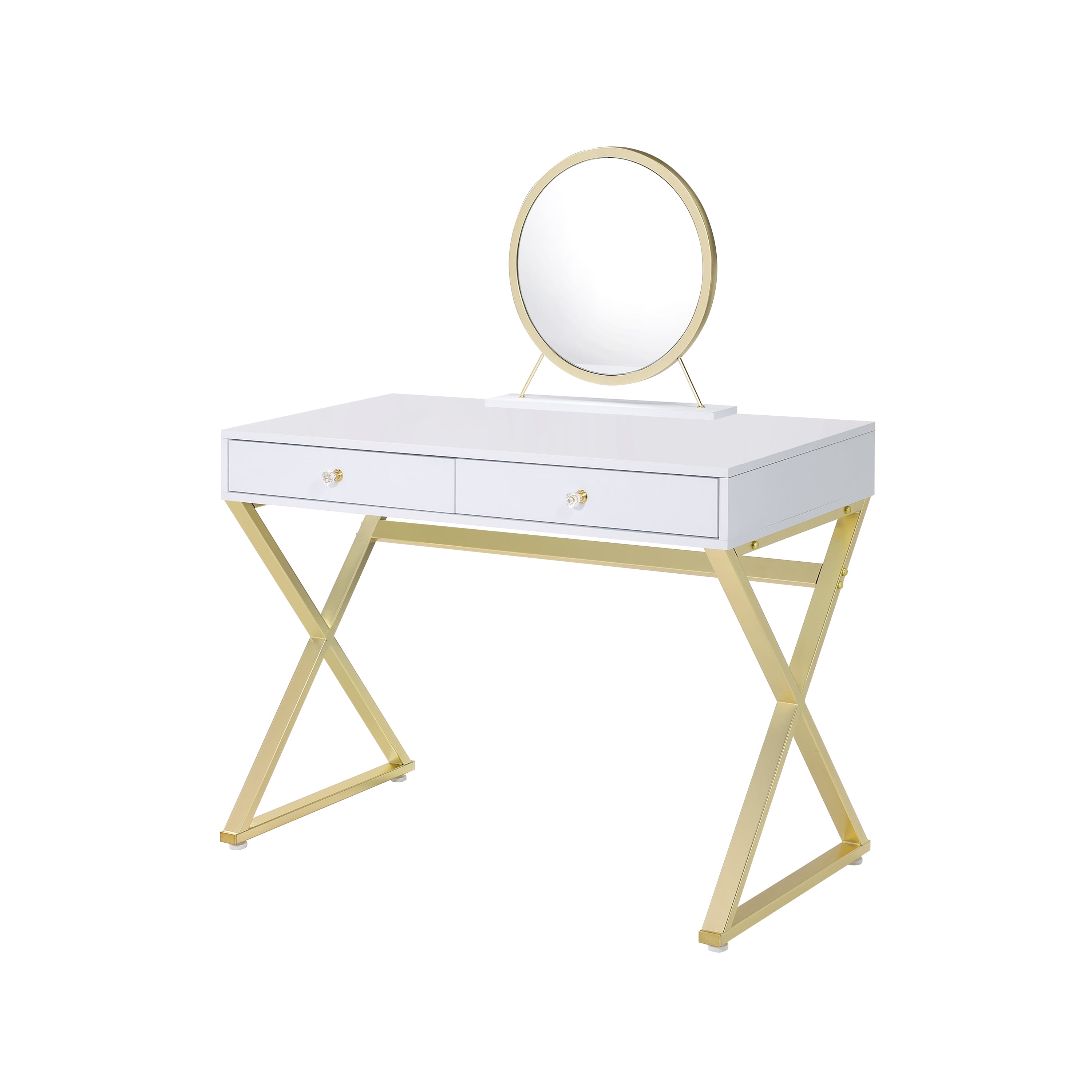 Coleen Vanity Desk w/Mirror & Jewelry Tray in White & Gold Finish