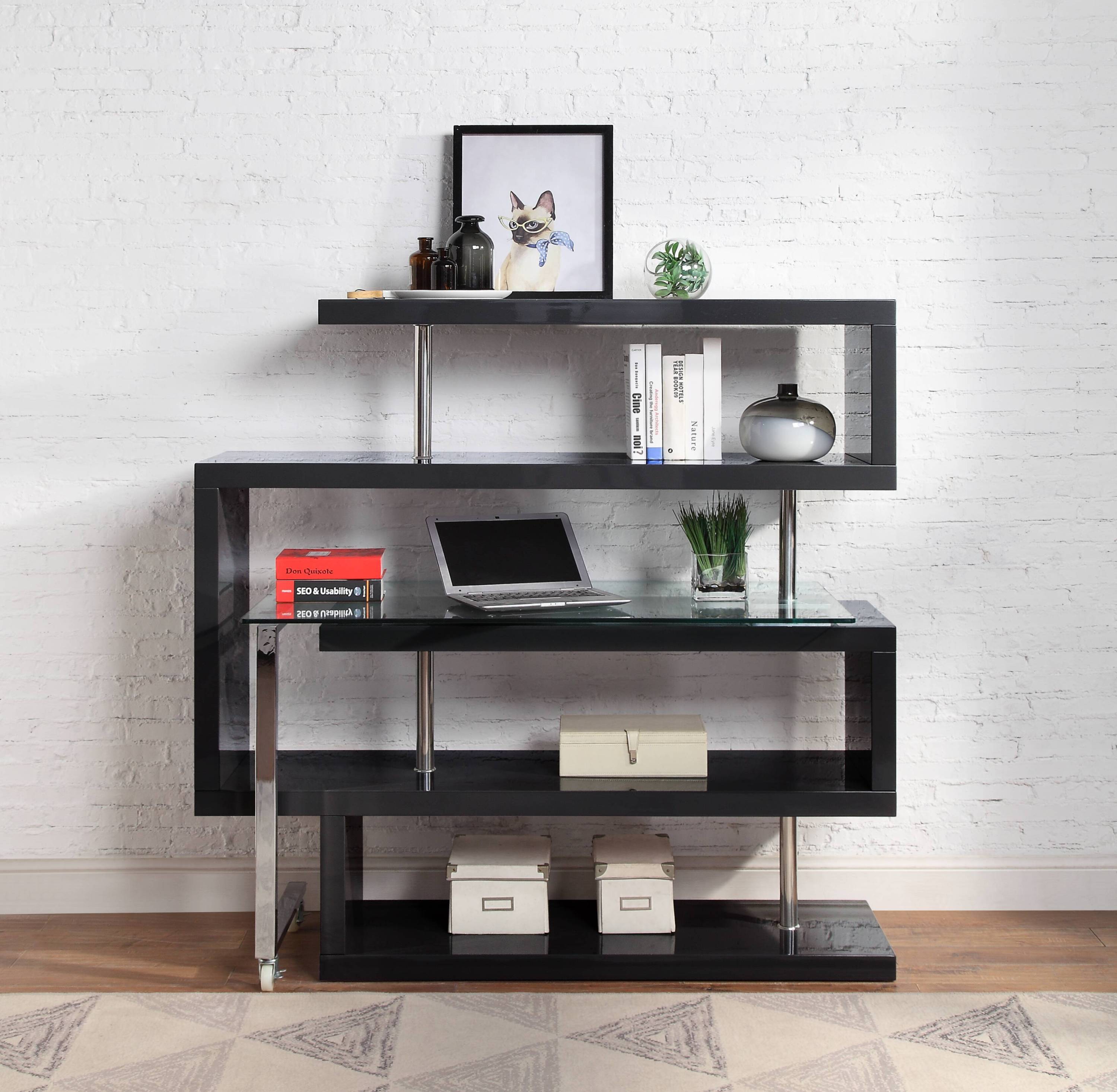 Buck II Clear Glass, Chrome High Gloss Finish Writing Desk with Shelf- Black