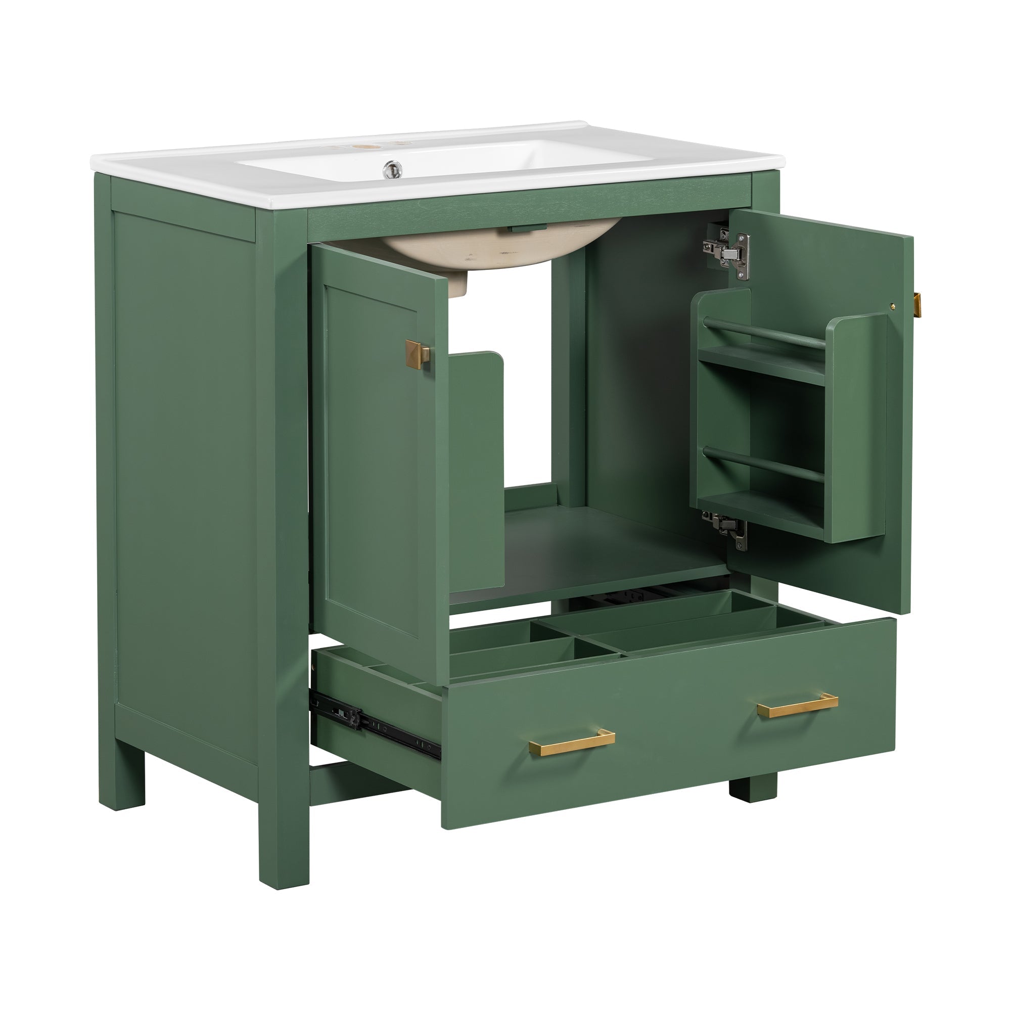 30" Green Bathroom Vanity with Single Sink, Storage Cabinet with 2 Doors and a Drawer, Soft Closure