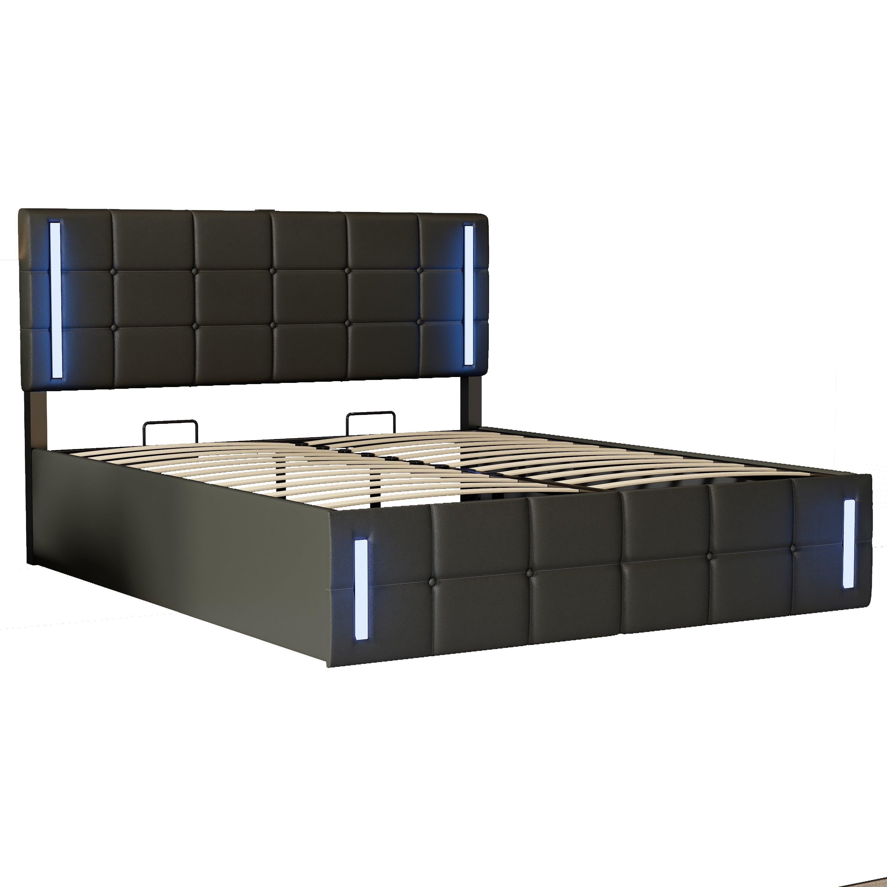 Full Size Upholstered Bed with LED Lights,Hydraulic Storage System and USB Charging Station,Black