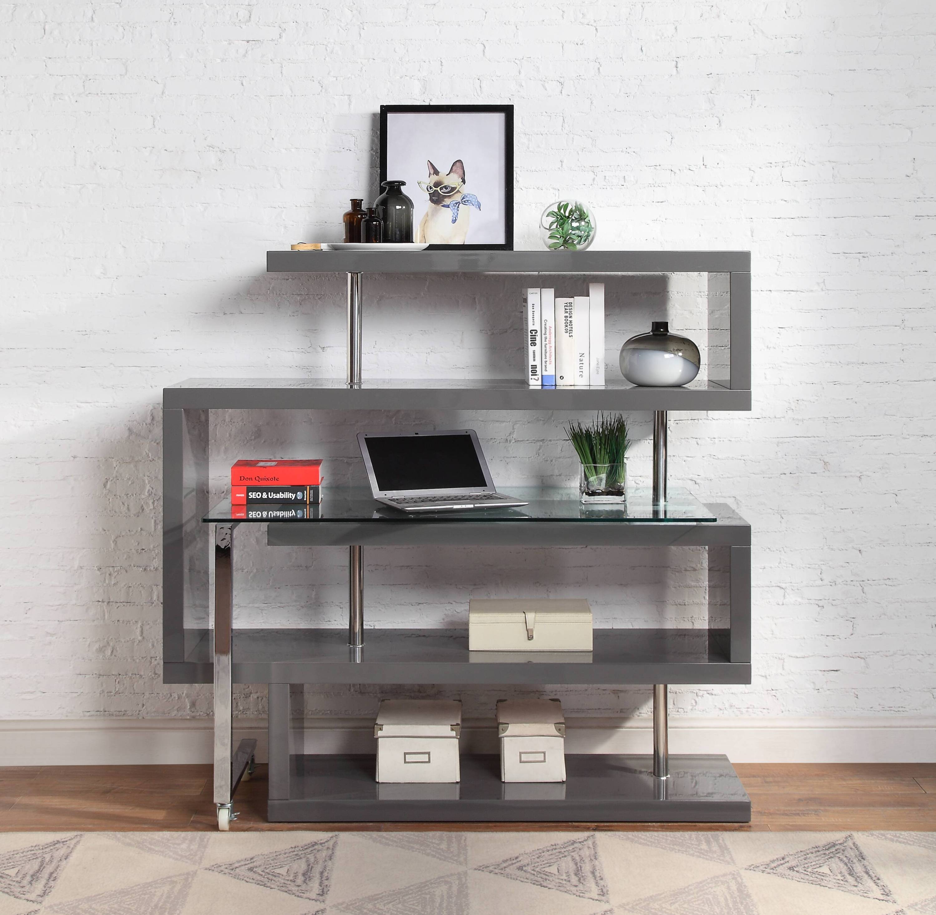 Buck II Clear Glass, Chrome High Gloss Finish Writing Desk with Shelf-Gray