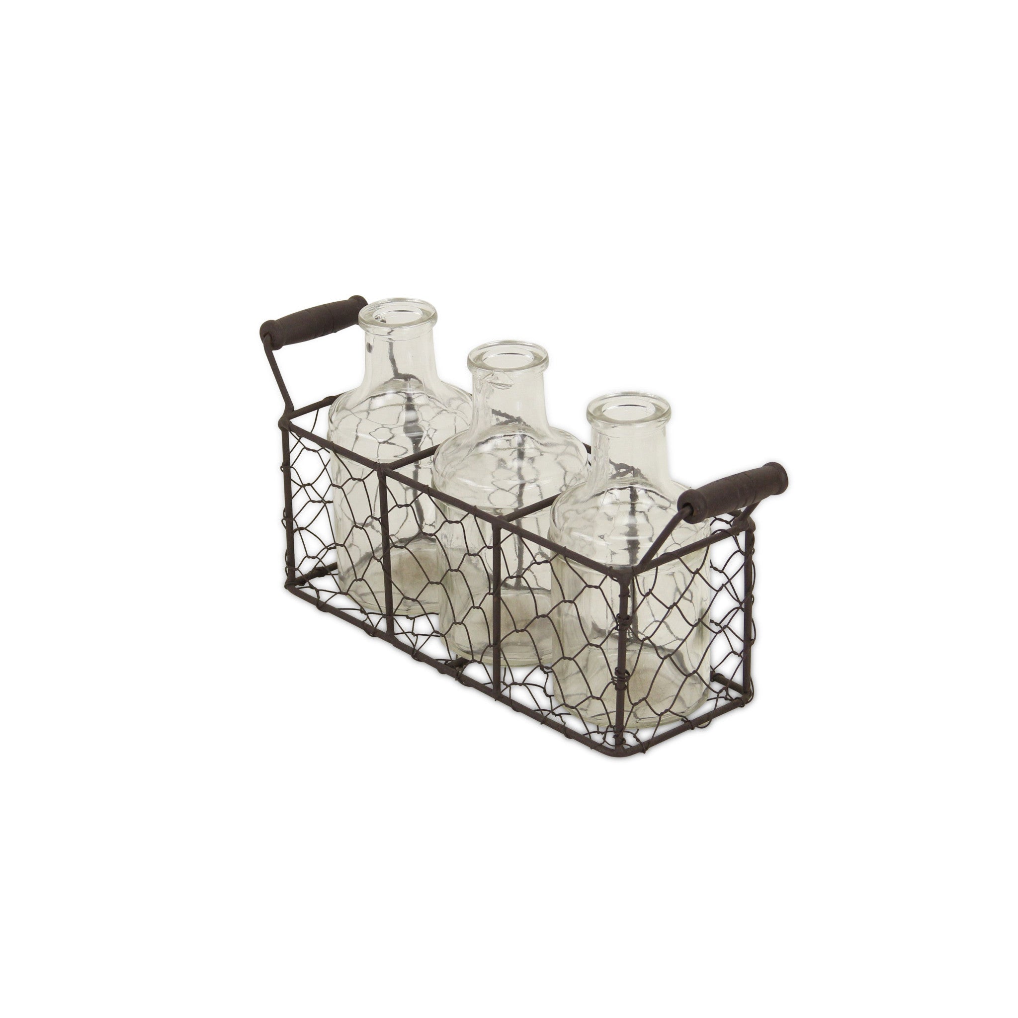 Set of Three Glass Bottles in Brown Wire Basket