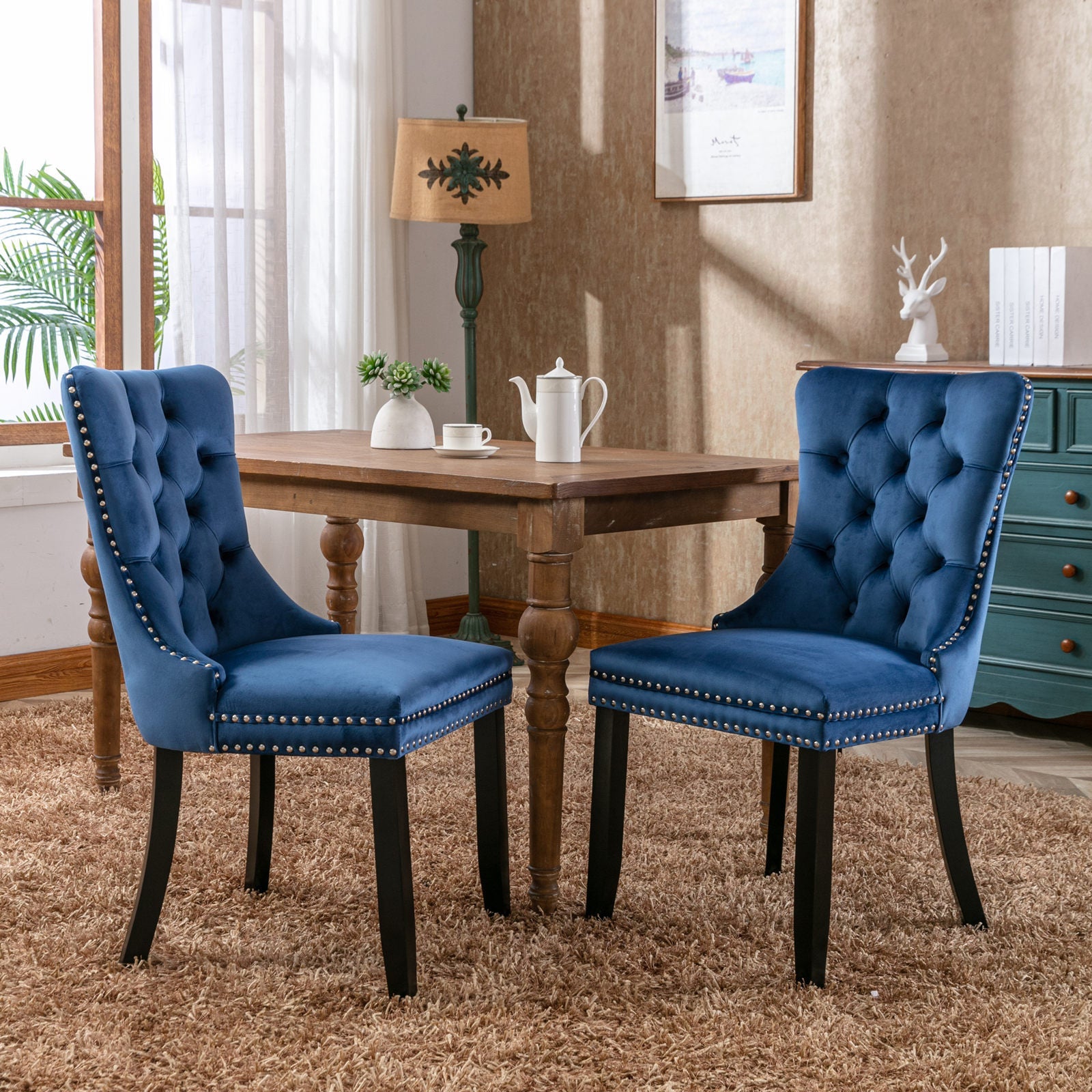 Tufted Solid Wood Velvet Upholstered Dining Chair with Wood Legs Nailhead Trim Set of 2, Blue L