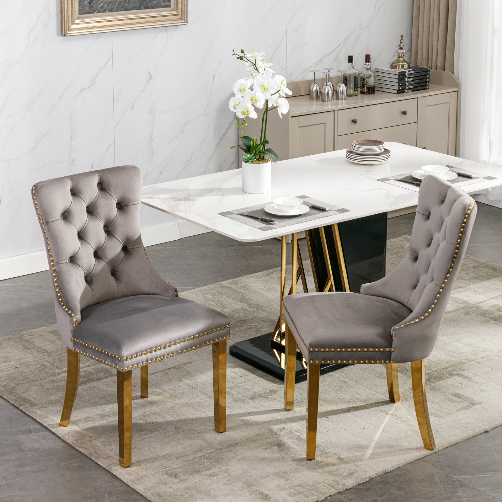 Tufted Solid Wood Contemporary Velvet Upholstered Dining Chair, Set of 2, Gray and Gold