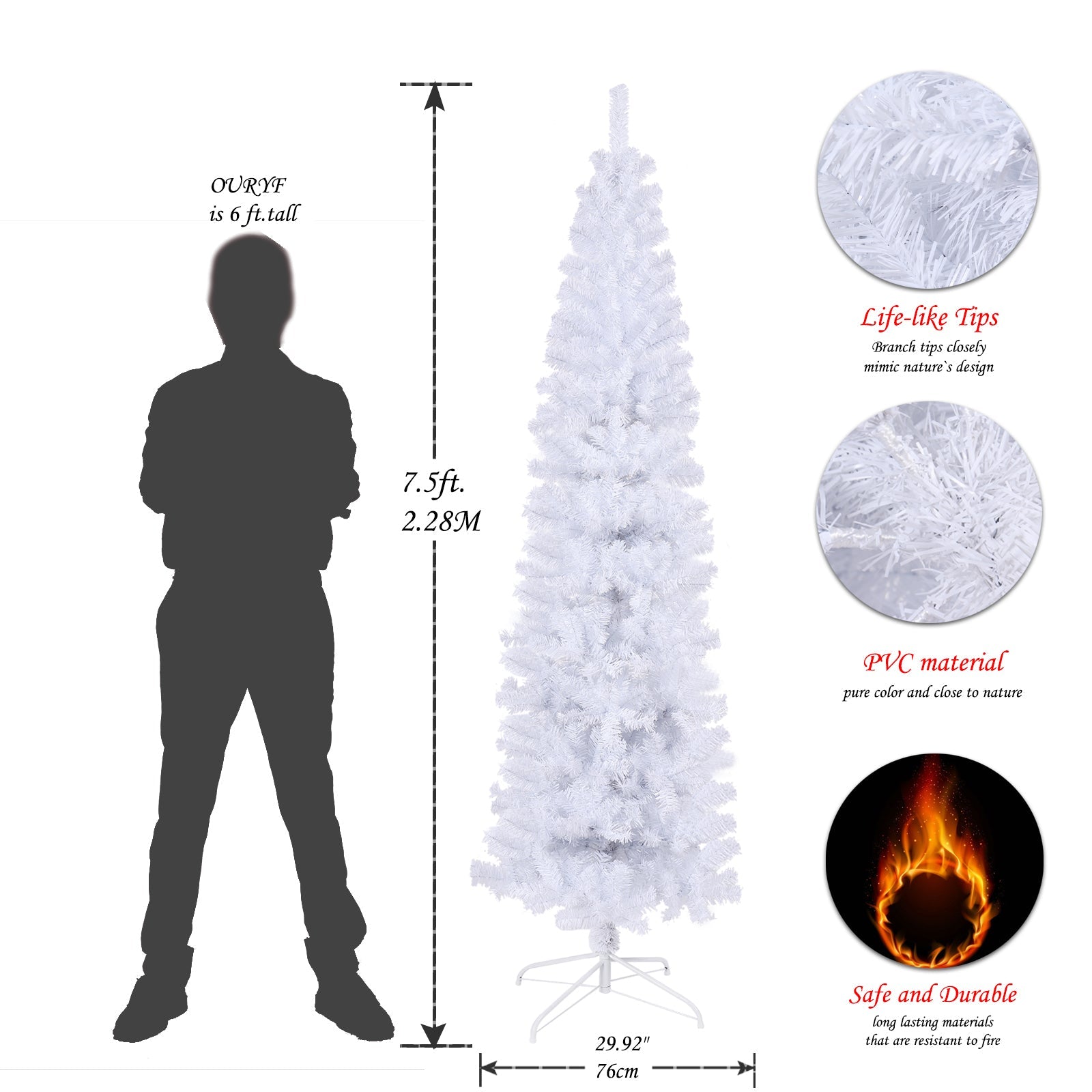 7.5FT White Slim Artificial Christmas Tree  Includes Foldable Metal Stand