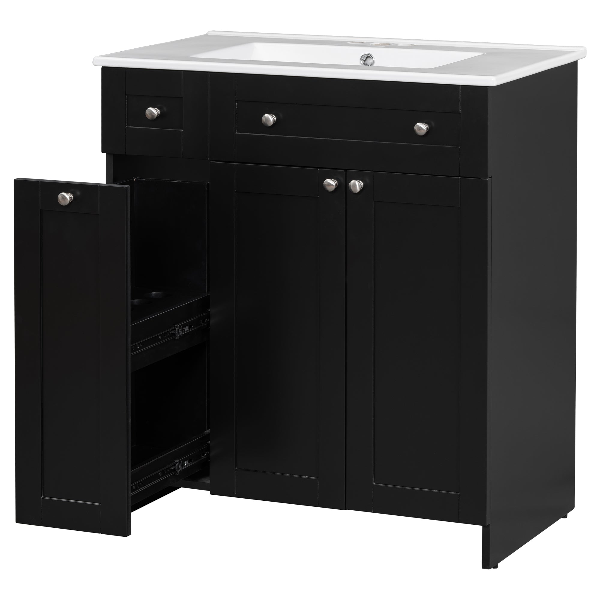 30-Inch Black Bathroom Vanity with Ceramic Sink Combo, Abundant Storage Cabinet - 2 Soft-close Doors and Double-tier Deep Drawer