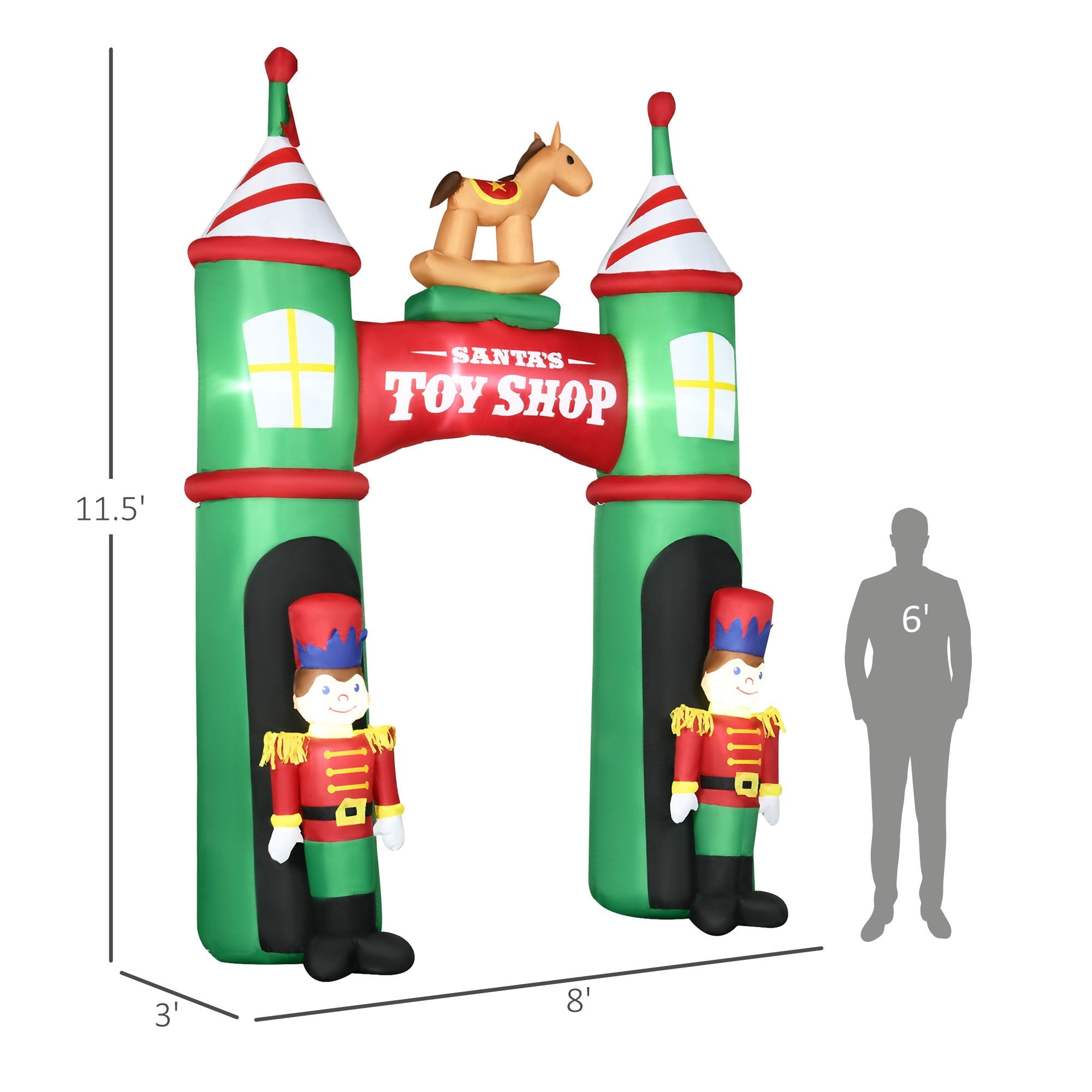 11.5ft   Archway with 2 Nutcracker Soldiers Rocking Horse, Blow-Up LED Yard  Decor