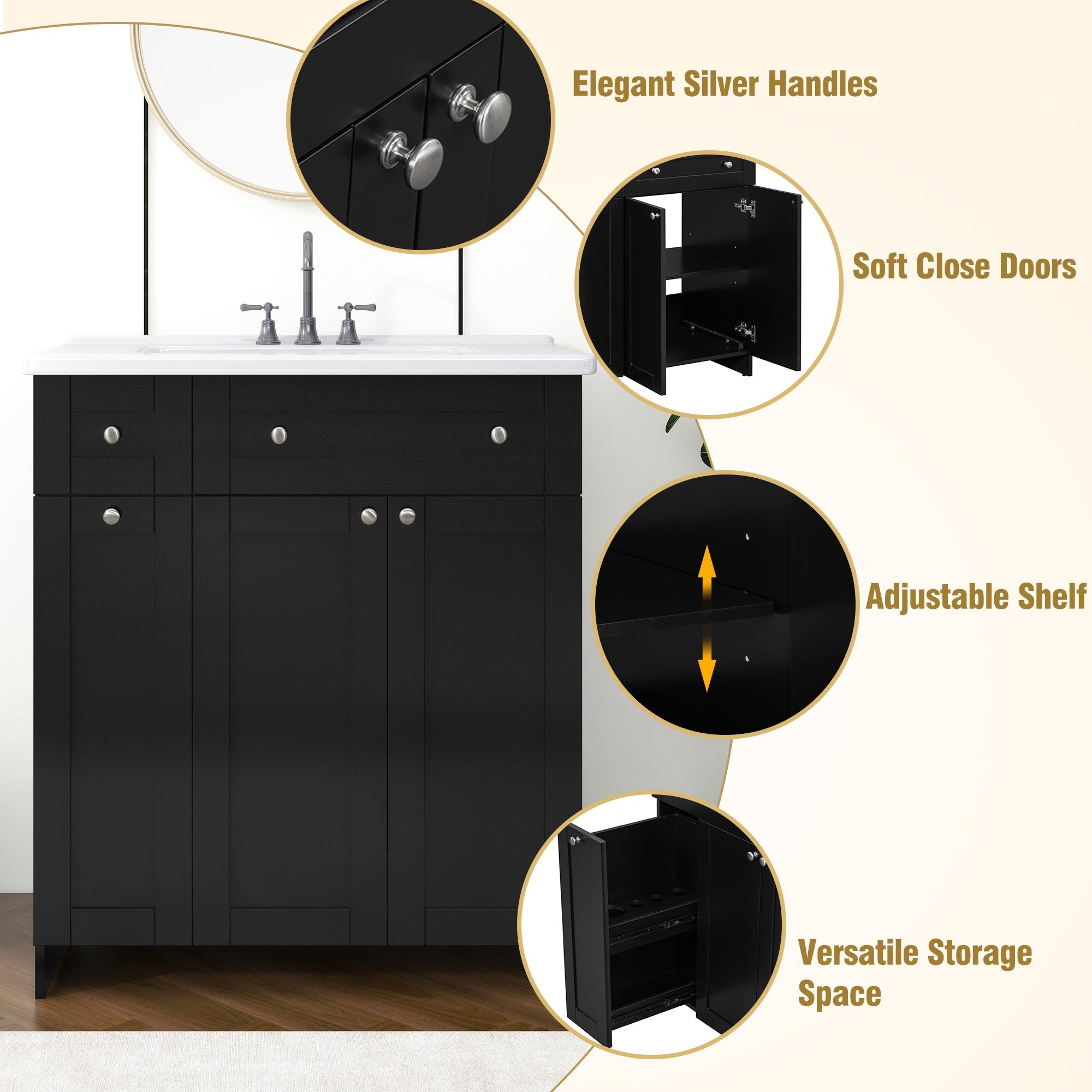 30-Inch Black Bathroom Vanity with Ceramic Sink Combo, Abundant Storage Cabinet - 2 Soft-close Doors and Double-tier Deep Drawer