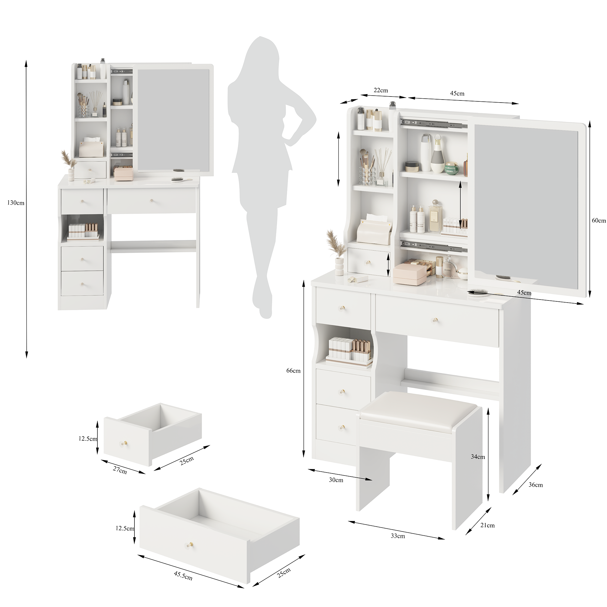 Desktop Vanity Table + Cushioned Stool, Extra Large Right sliding mirror, Multi Layer High Capacity Storage