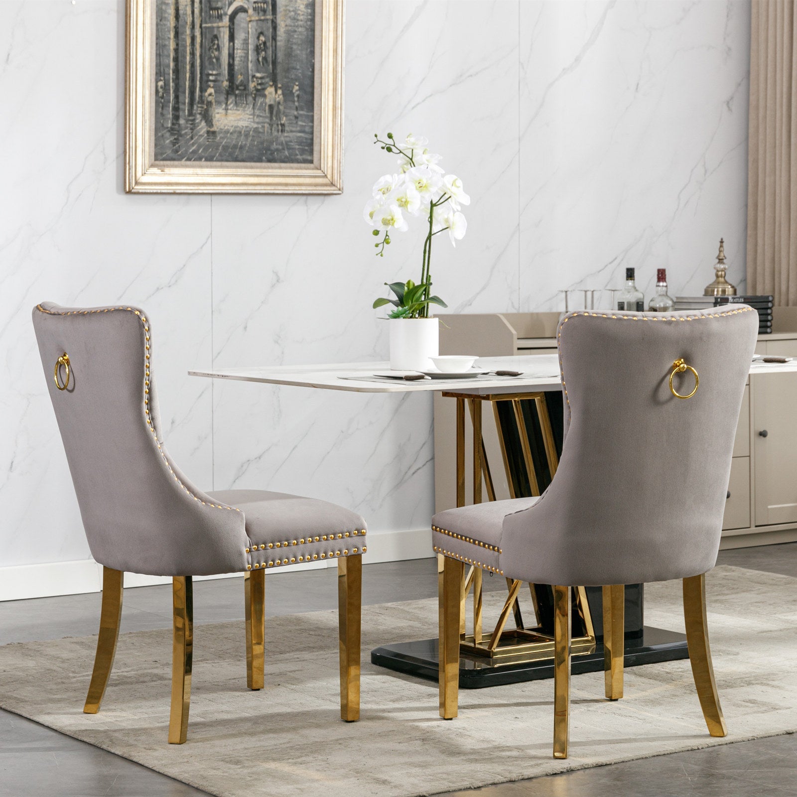 Tufted Solid Wood Contemporary Velvet Upholstered Dining Chair, Set of 2, Gray and Gold