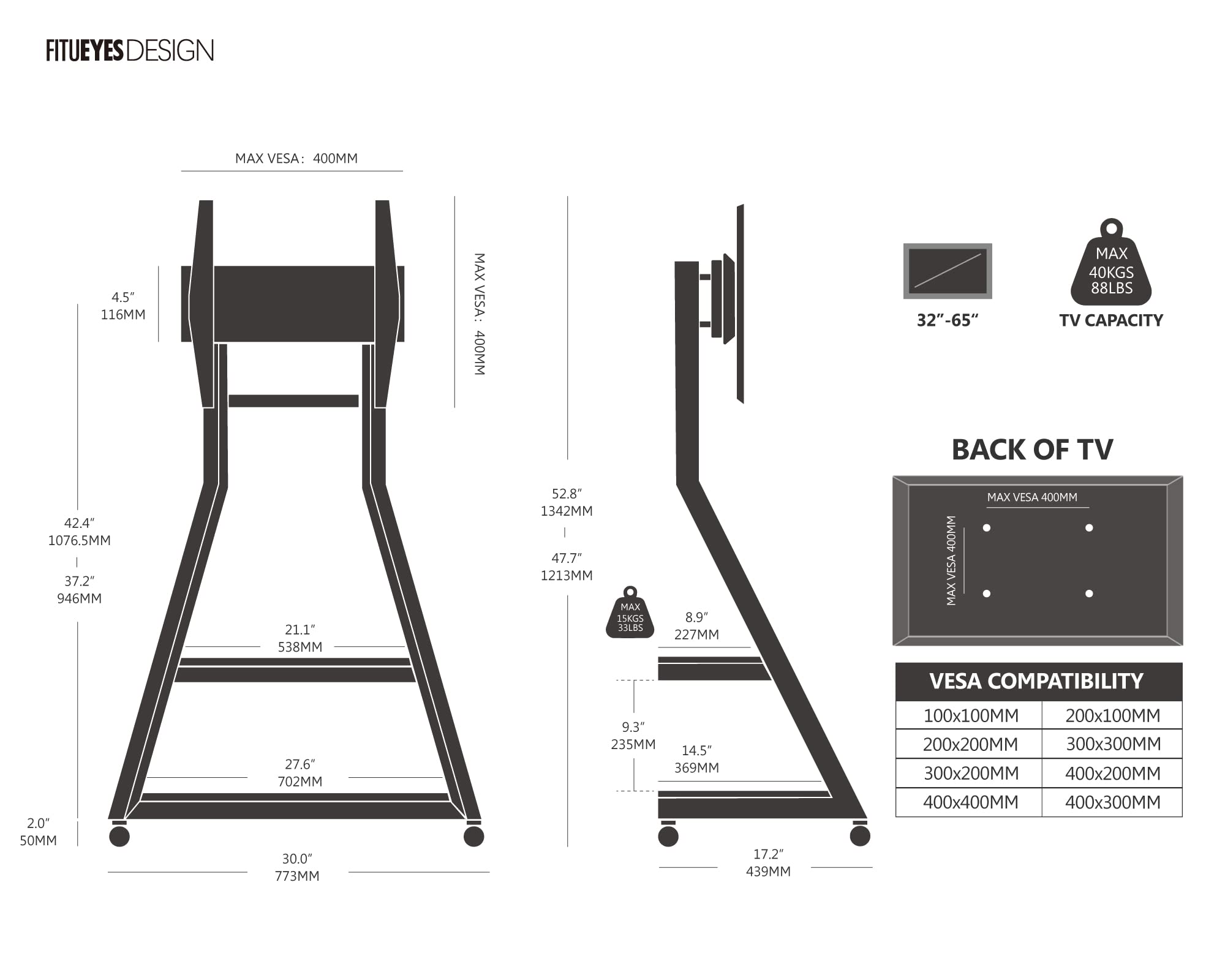 Floor TV Stand Rolling TV Cart for LCD/LED and Modern Living