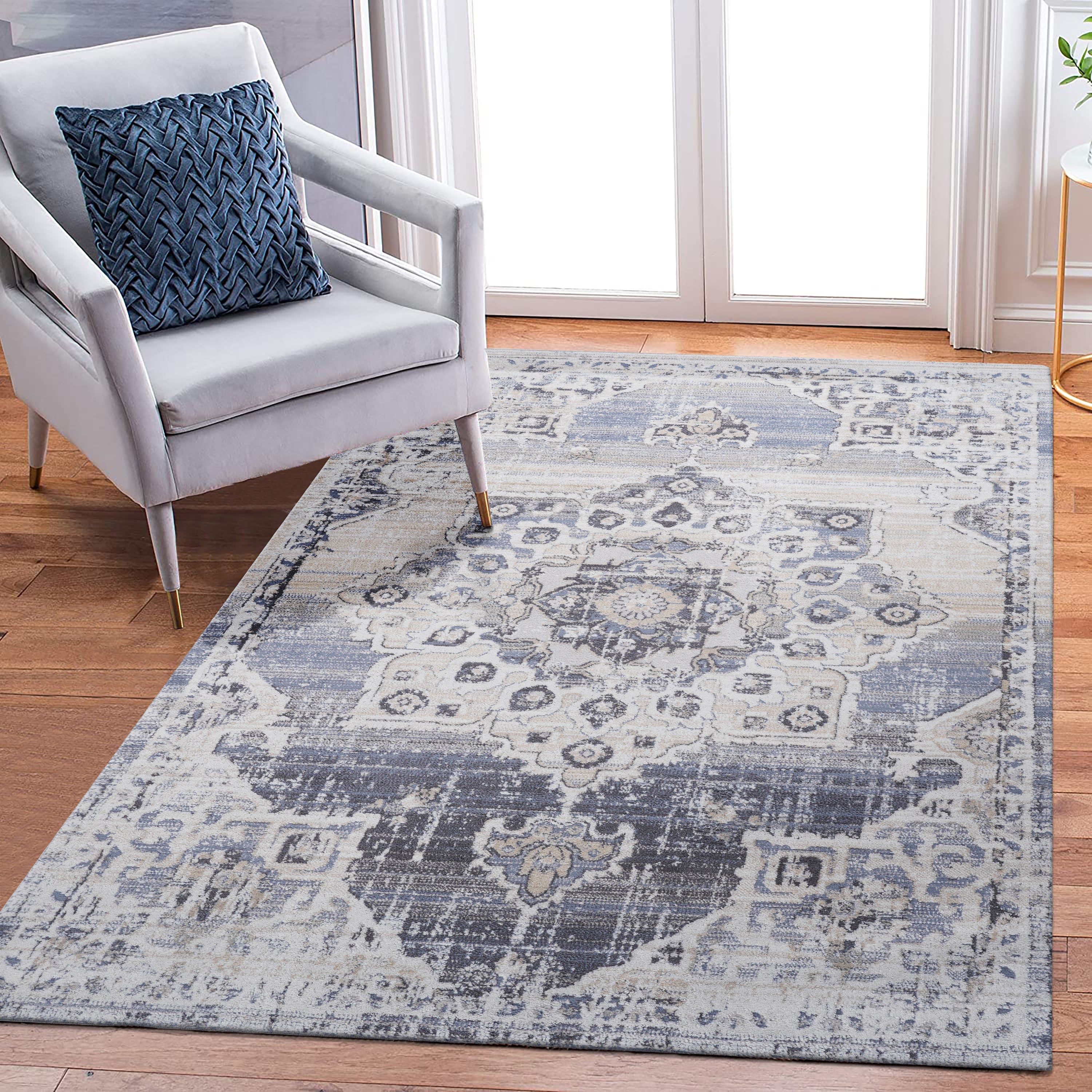 5X7 Cream/Blue /Medallion Non-Shedding and Stain Resistant Area Rug