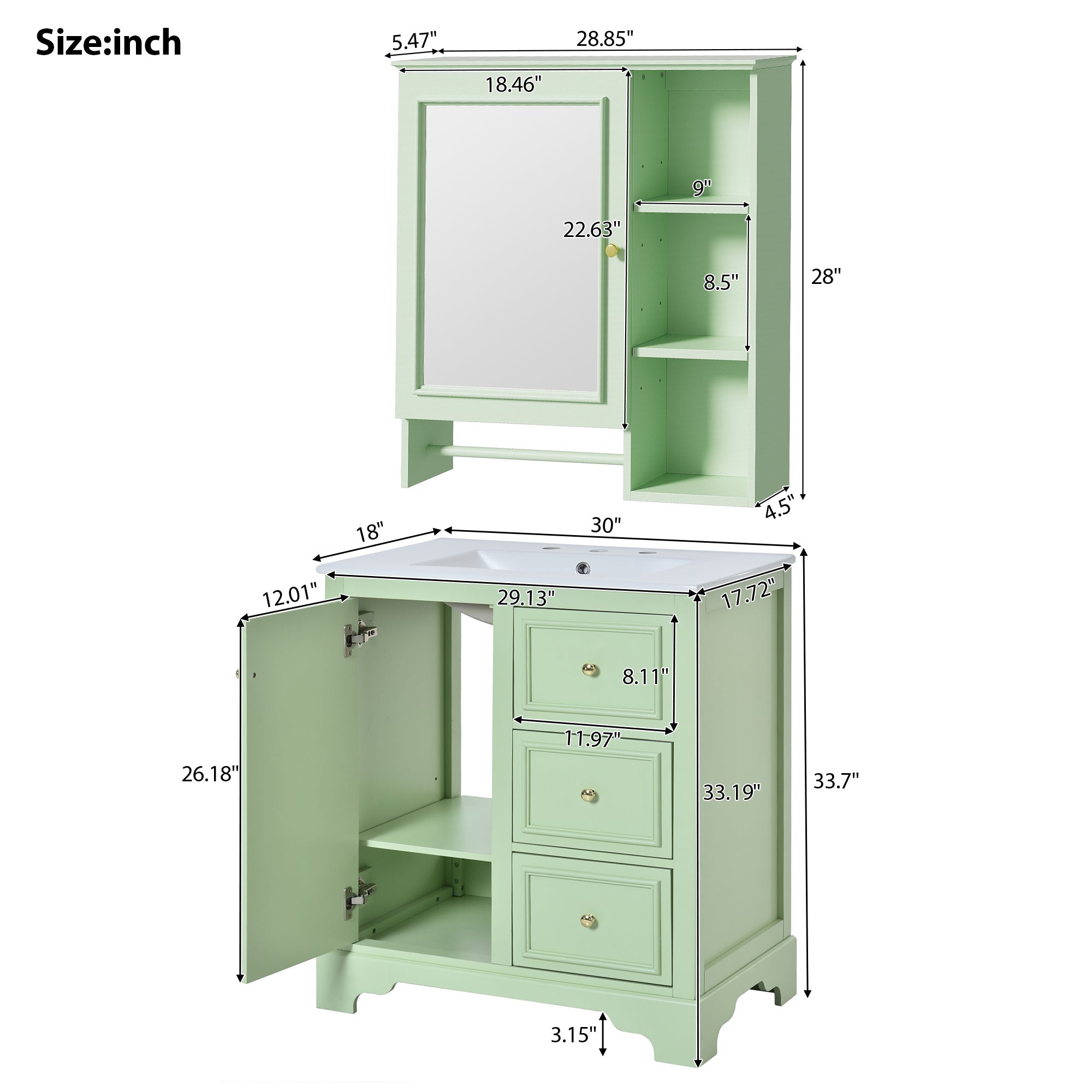 30-inch bathroom vanity with sink, 3 drawers and adjustable shelves, freestanding with mirror cabinet, single sink