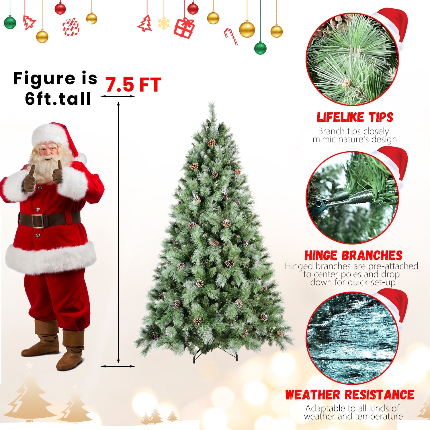 8FT Scotch Pine Christmas Tree, Premium Frosted Pre-Decorated Artificial Holiday Decor w/ 1,858 Branch Tips