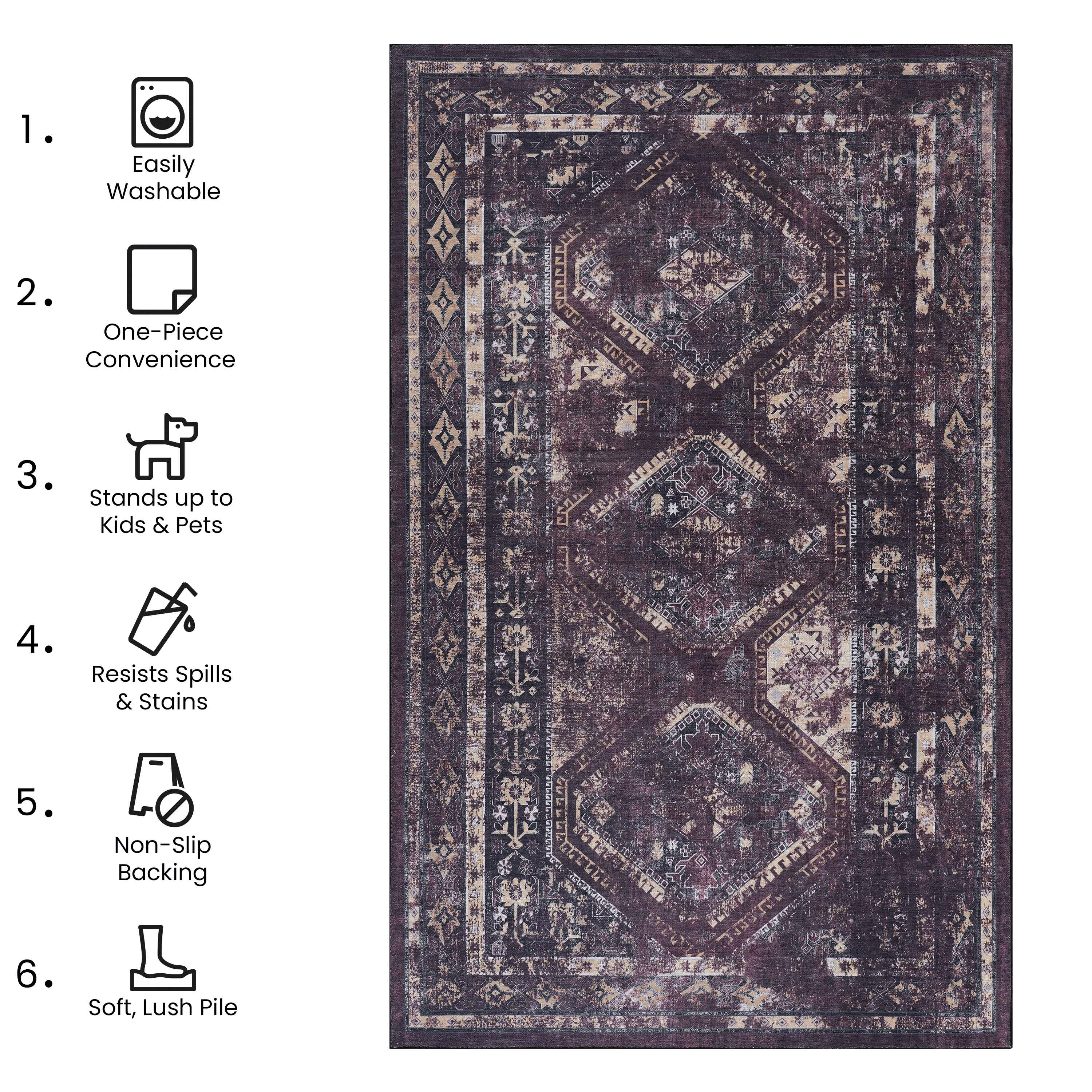 3x5 Area Rug, Washable Rug, Low-Pile, Non-Slip, Non-Shedding, Foldable, Kid & Pet Friendly