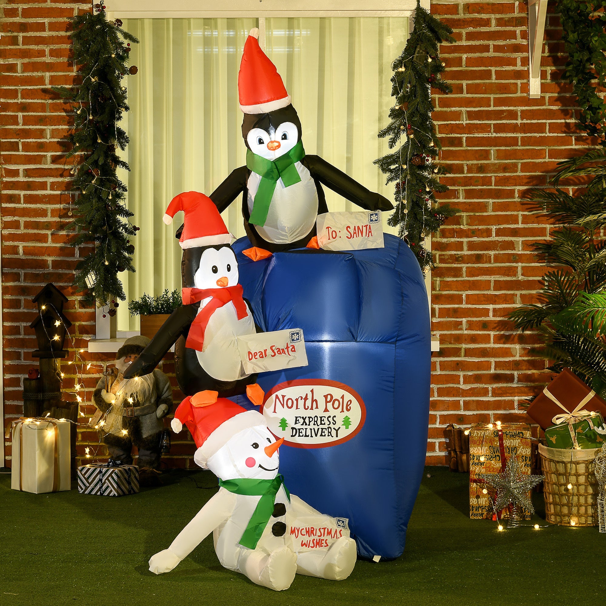 6ft  North Pole Mailbox with Penguins and Snowman, Blow-Up Yard  Decor with LED Lights Display