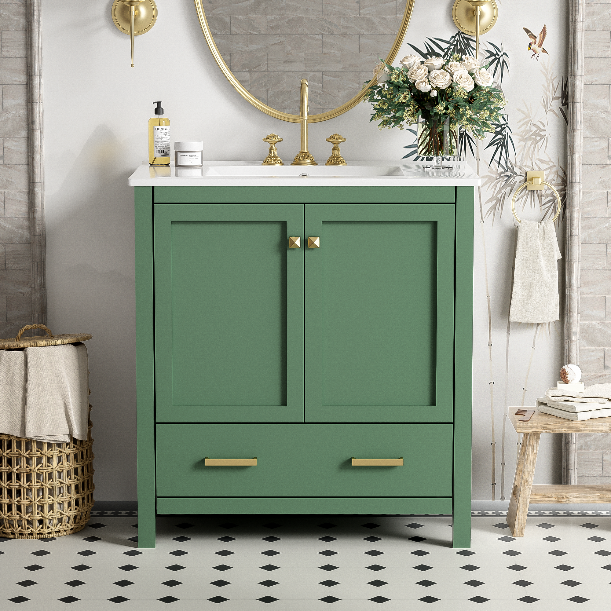 30" Green Bathroom Vanity with Single Sink, Storage Cabinet with 2 Doors and a Drawer, Soft Closure