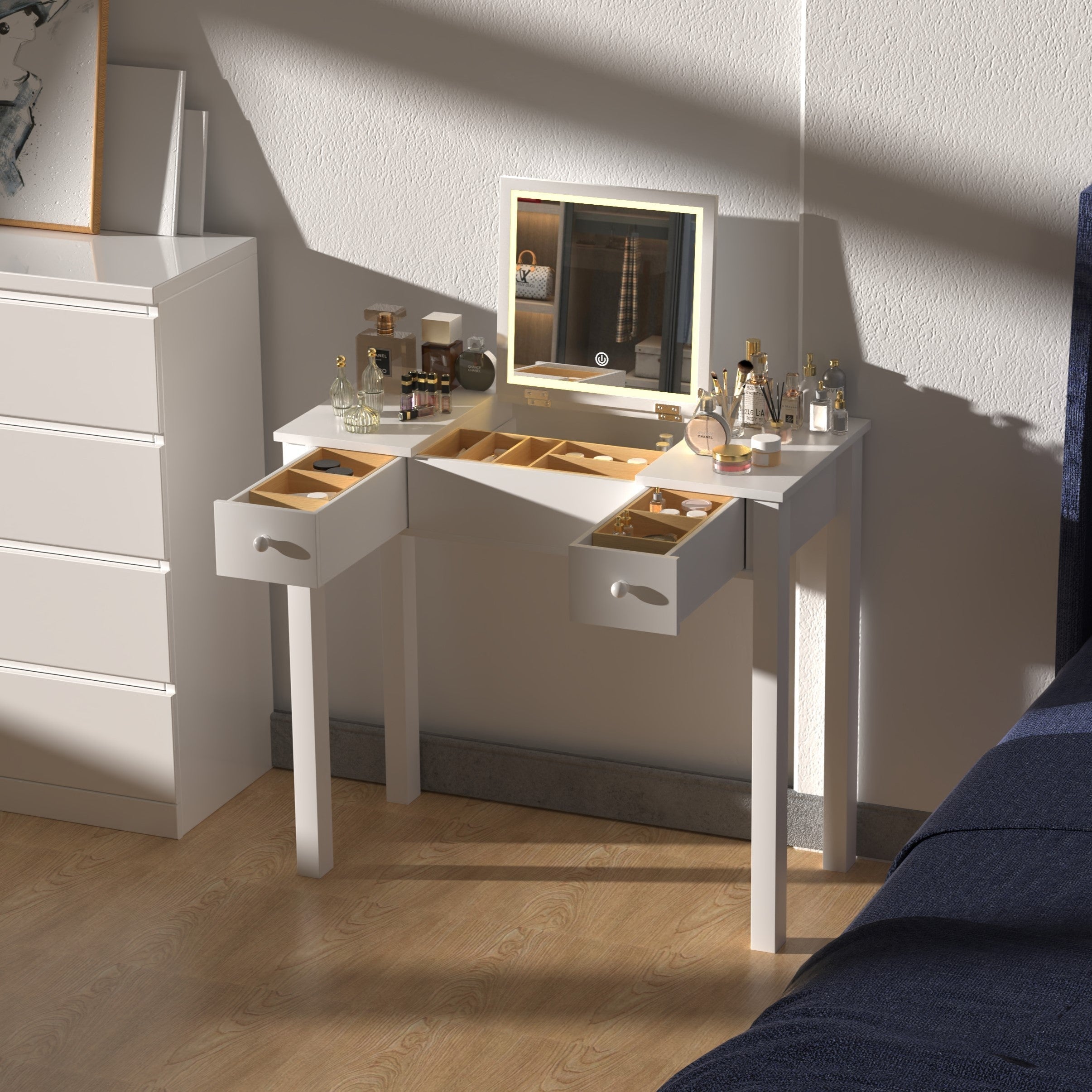 Chic White Vanity Table with LED Lights, Flip-Top Mirror and 2 Drawers