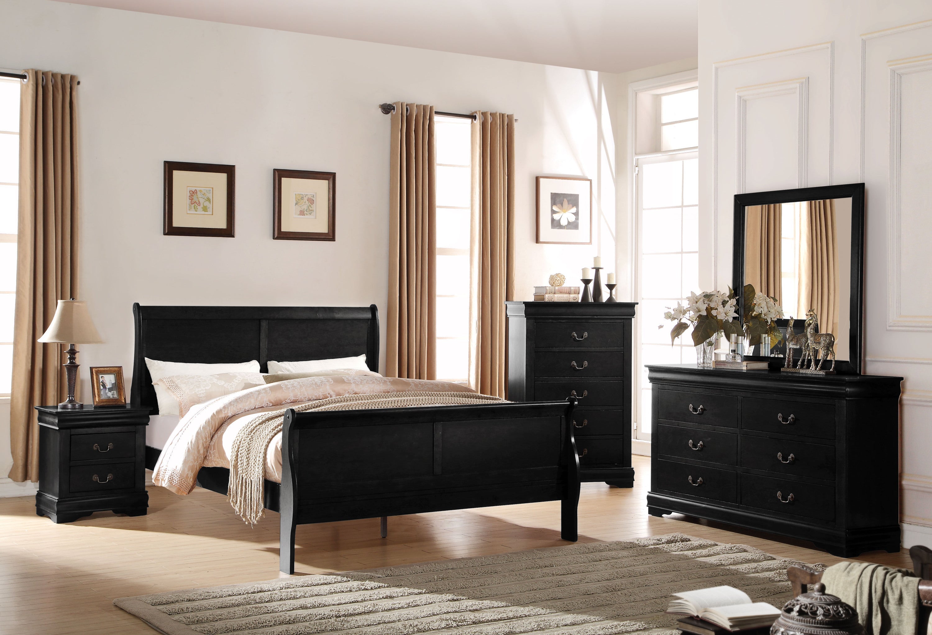 Louis Philippe Black Finish Queen Sleigh Bed