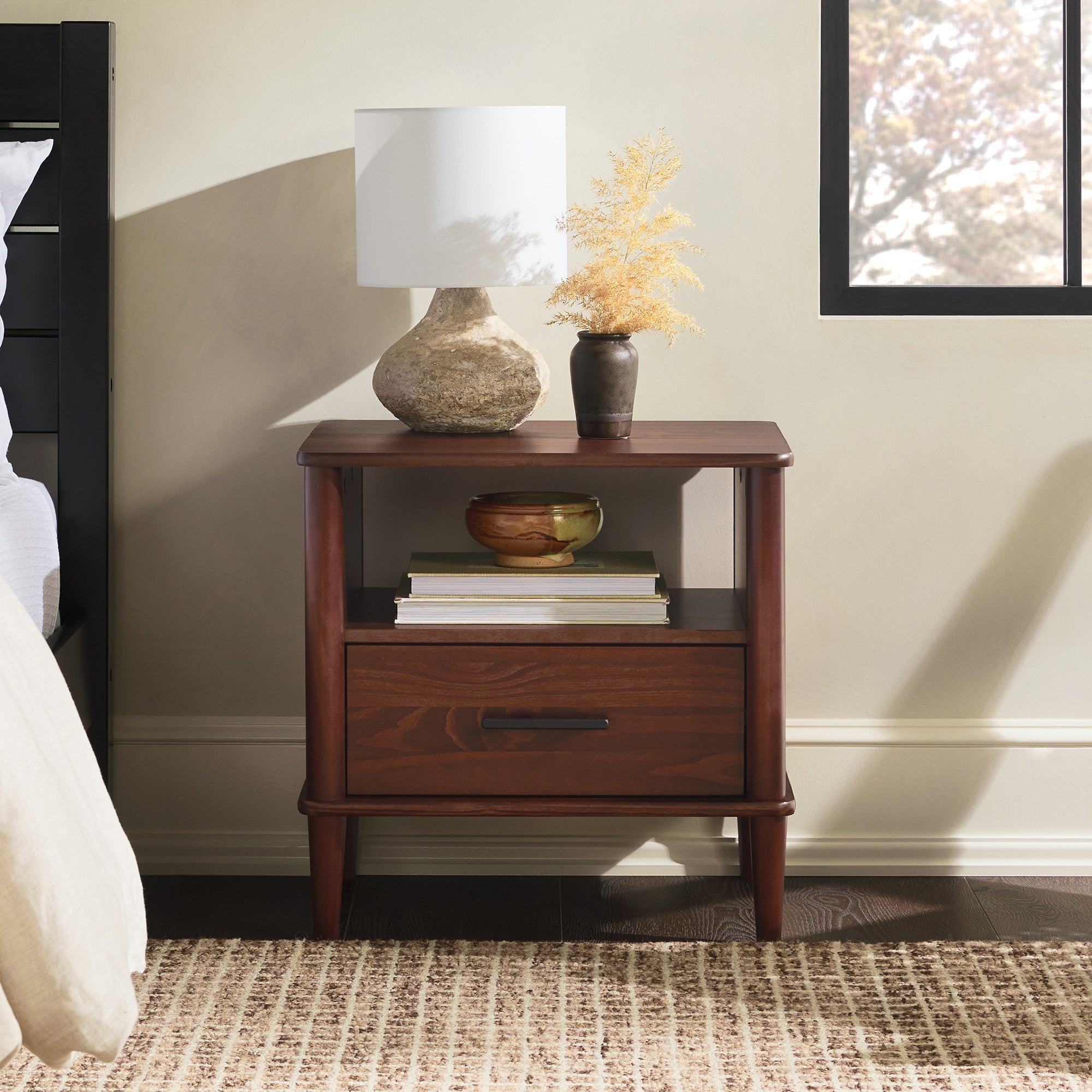 Transitional Solid Wood Spindle Nightstand – Walnut