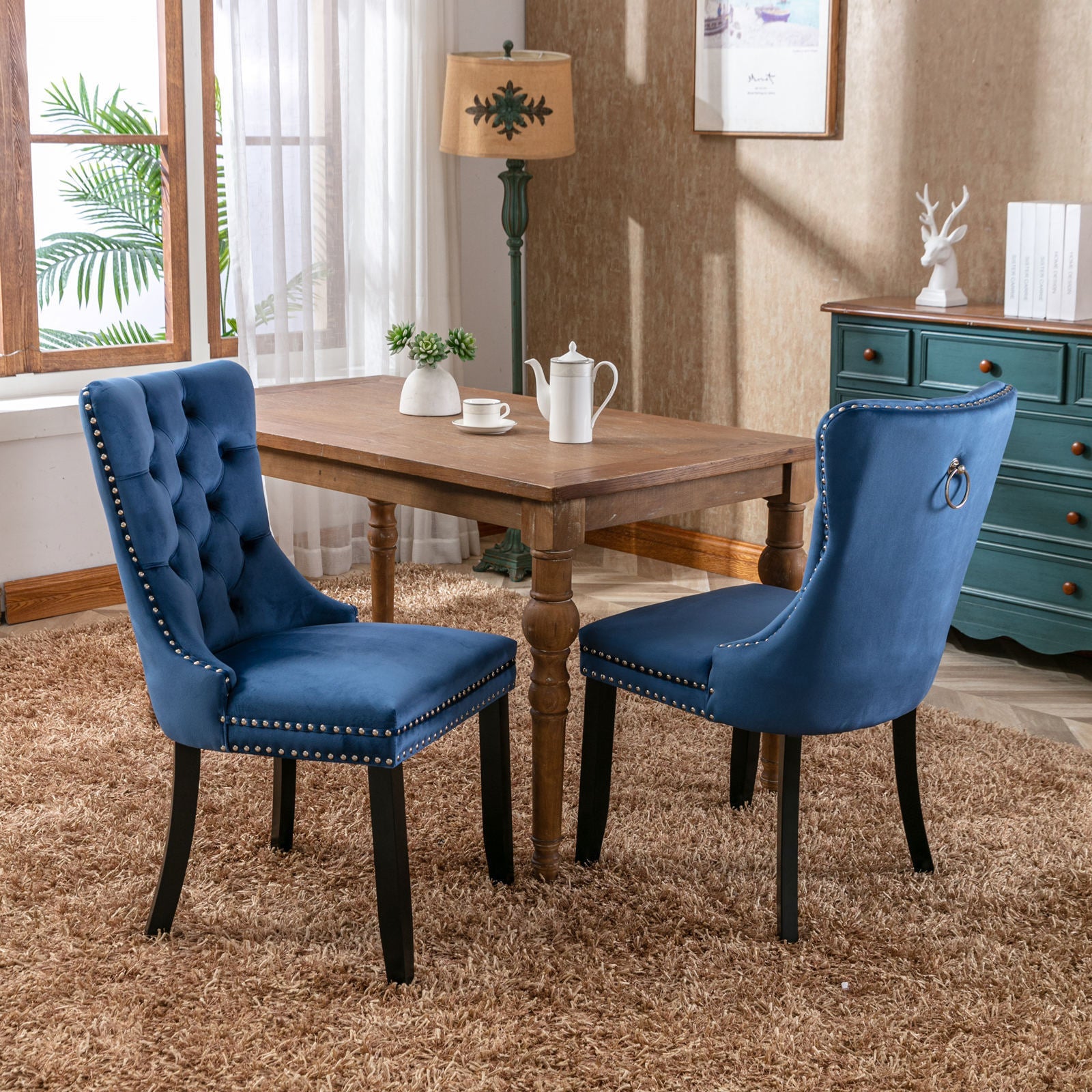 Tufted Solid Wood Velvet Upholstered Dining Chair with Wood Legs Nailhead Trim Set of 2, Blue L