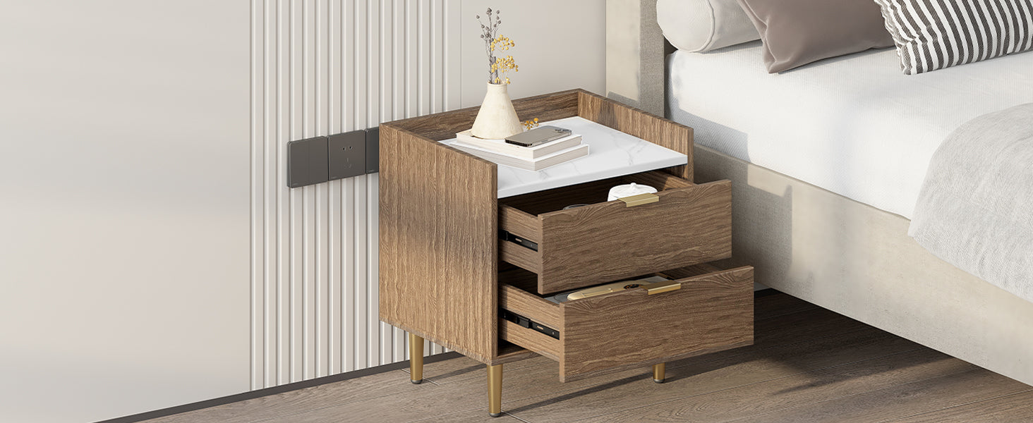 Wooden Nightstand with 2 Drawers and Marbling Worktop