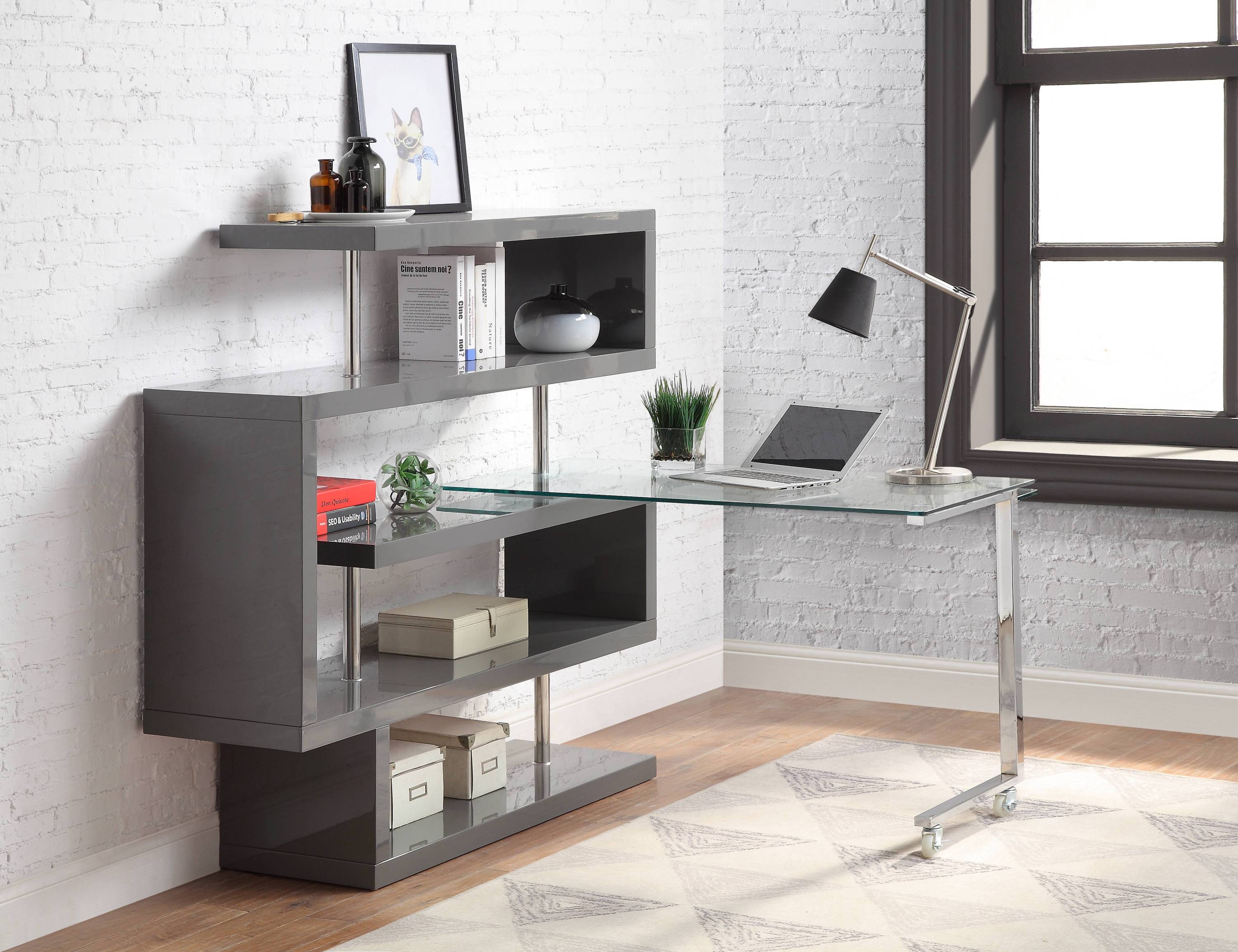 Buck II Clear Glass, Chrome High Gloss Finish Writing Desk with Shelf-Gray