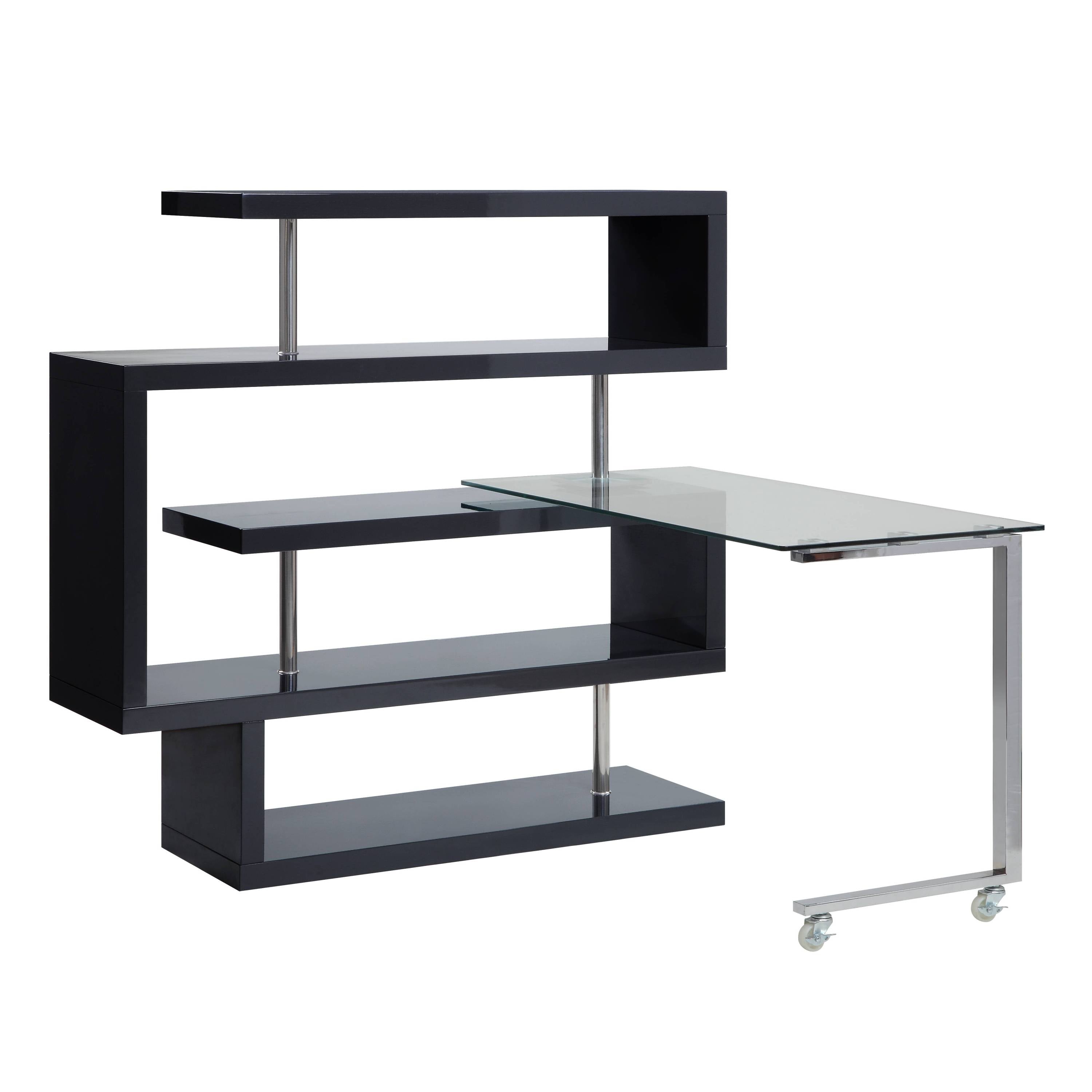 Buck II Clear Glass, Chrome High Gloss Finish Writing Desk with Shelf- Black