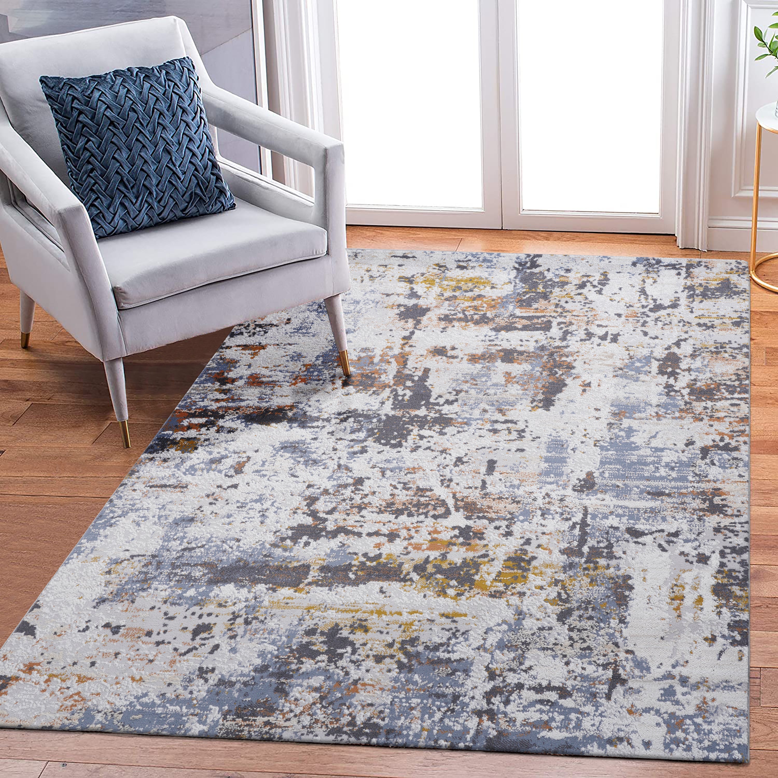 8X10 Ivory/Blue /Abstract Non-Shedding and Stain Resistant Area Rug