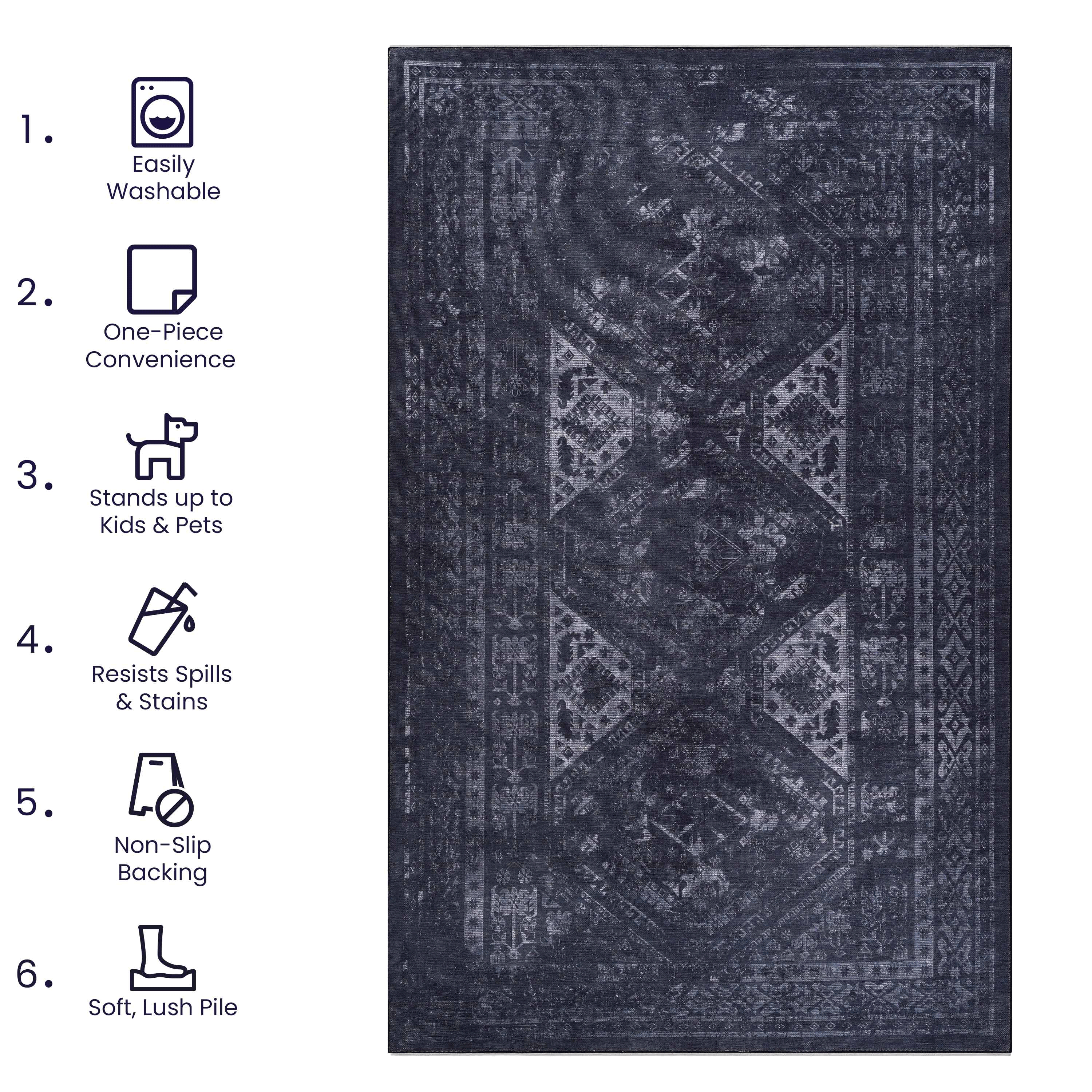 3x5 Area Rugs, Washable Rug, Low-Pile, Non-Slip, Non-Shedding, Foldable, Kid & Pet Friendly