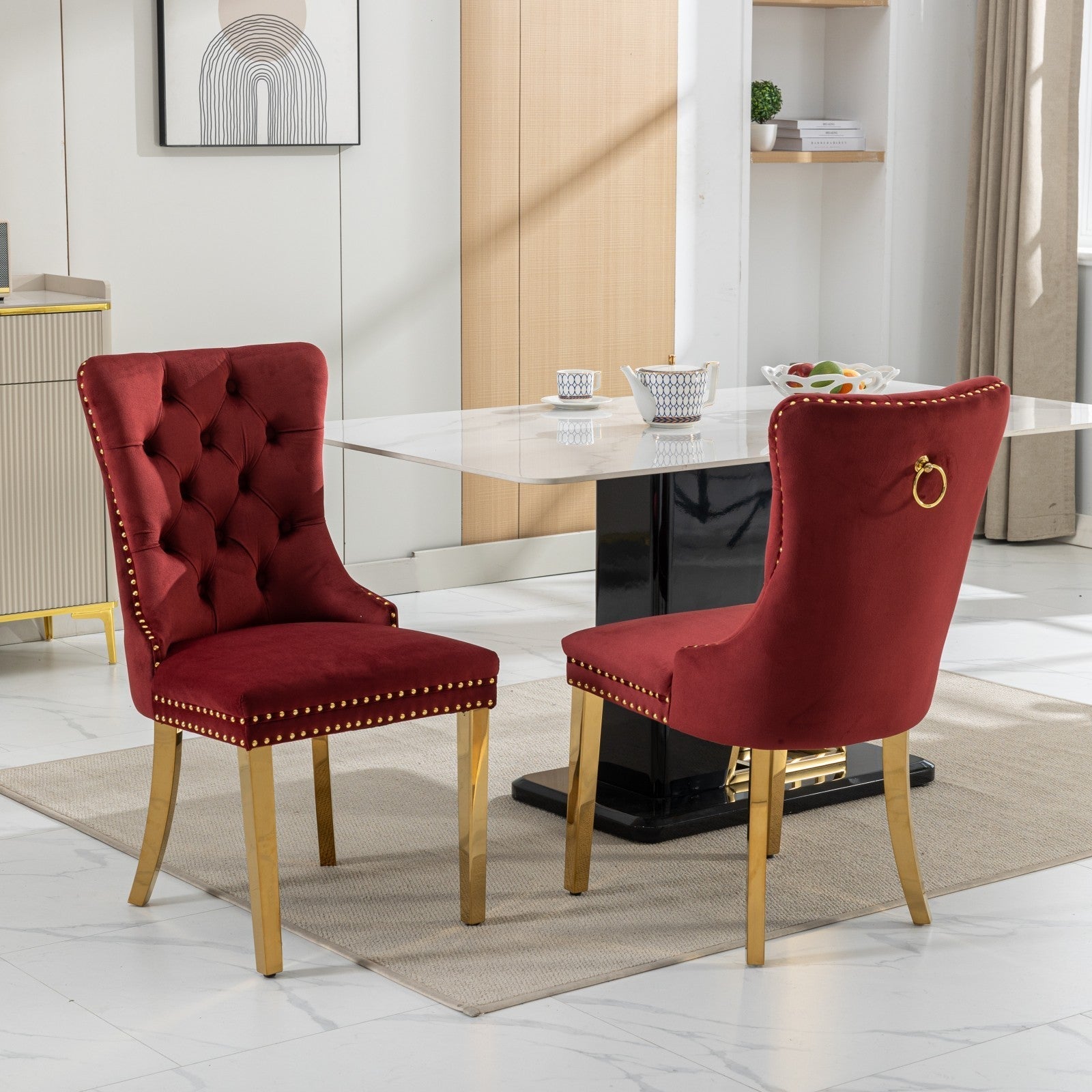 Nikki Collection Modern, High-end Tufted Solid Wood Contemporary Velvet ,Set of 2, Wine Red and Gold