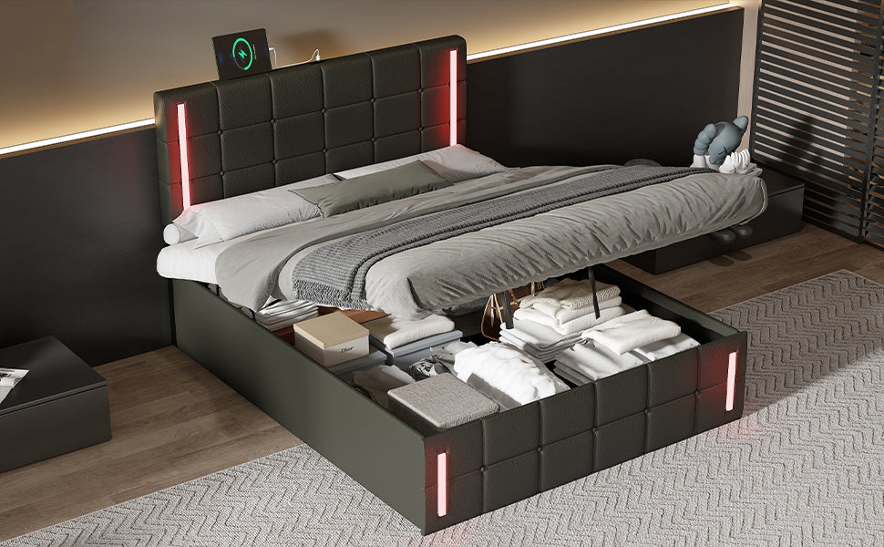 Full Size Upholstered Bed with LED Lights,Hydraulic Storage System and USB Charging Station,Black