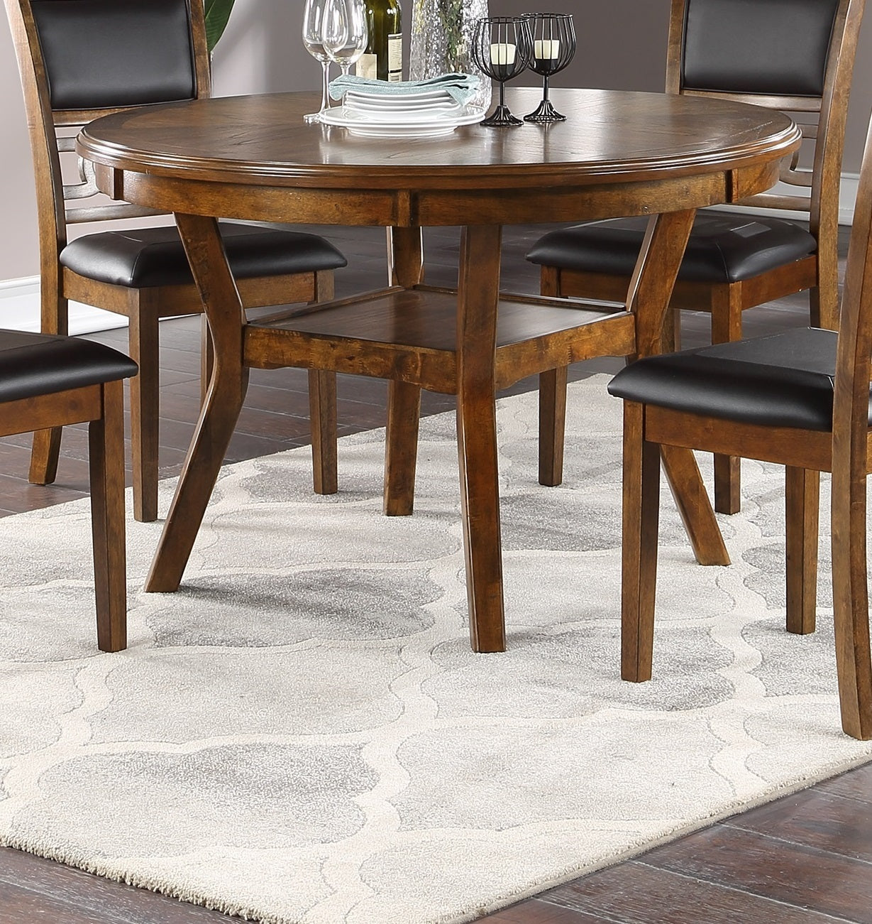 Contemporary  5pc Dining Set - Round Table With 4  Side Chairs Walnut Finish Rubberwood