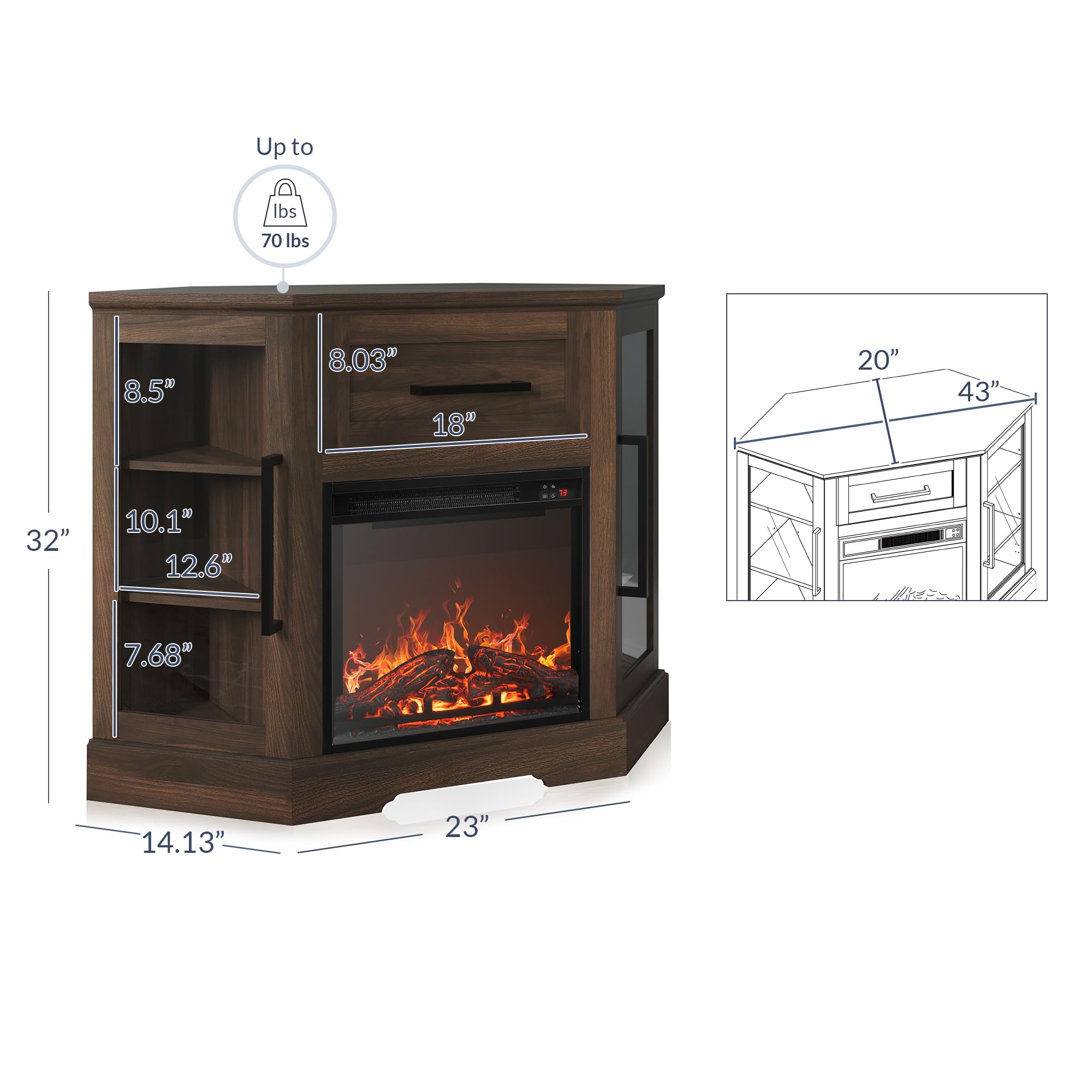 Corner TV Stand with Electric Fireplace Heater