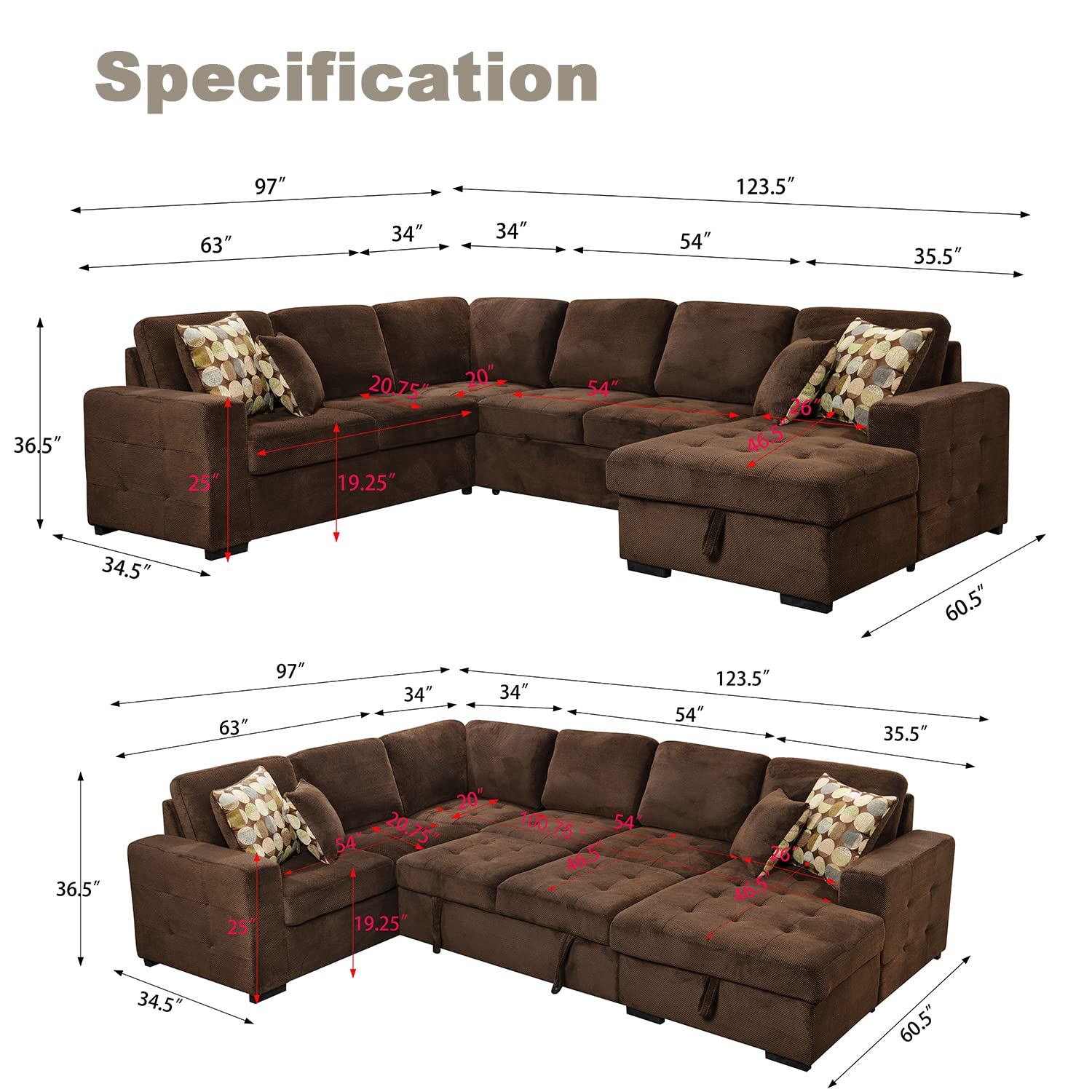 Oversized Sectional Couch with Pull Out Bed