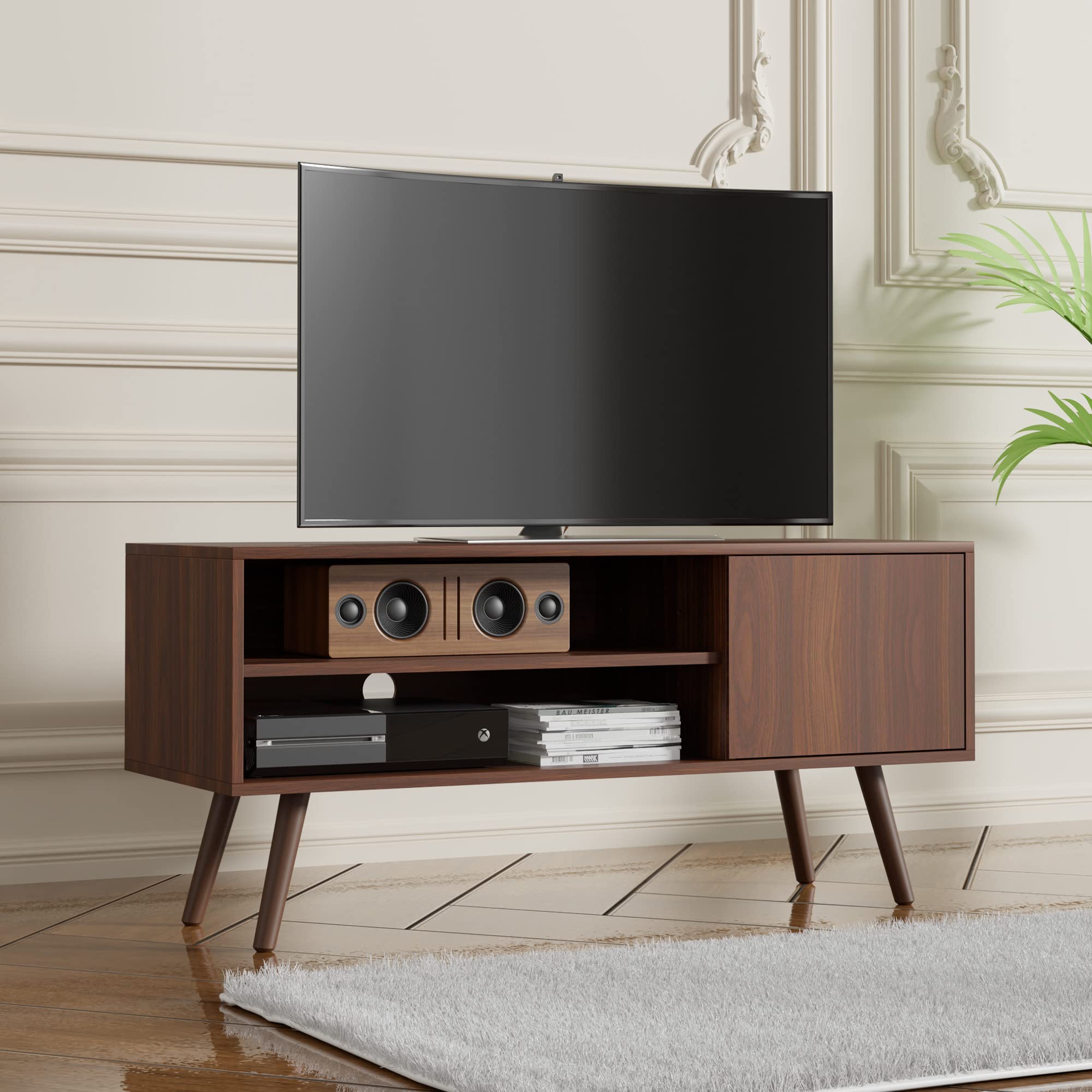 Cozy TV Stand for 50 Inch TV, Mid Century Modern Entertainment Center with Storage Cabinet