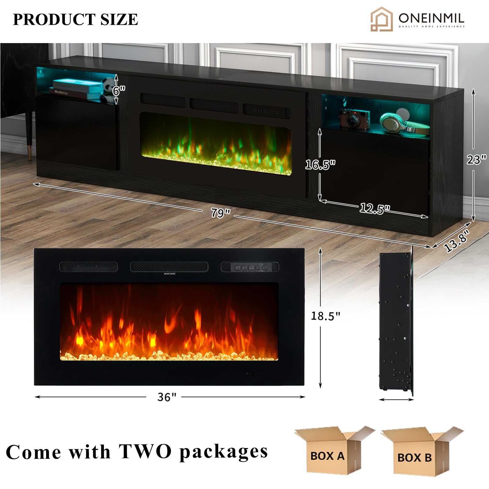 Fireplace TV Stand with 2-IN-1 DESIGN & Multifunctional